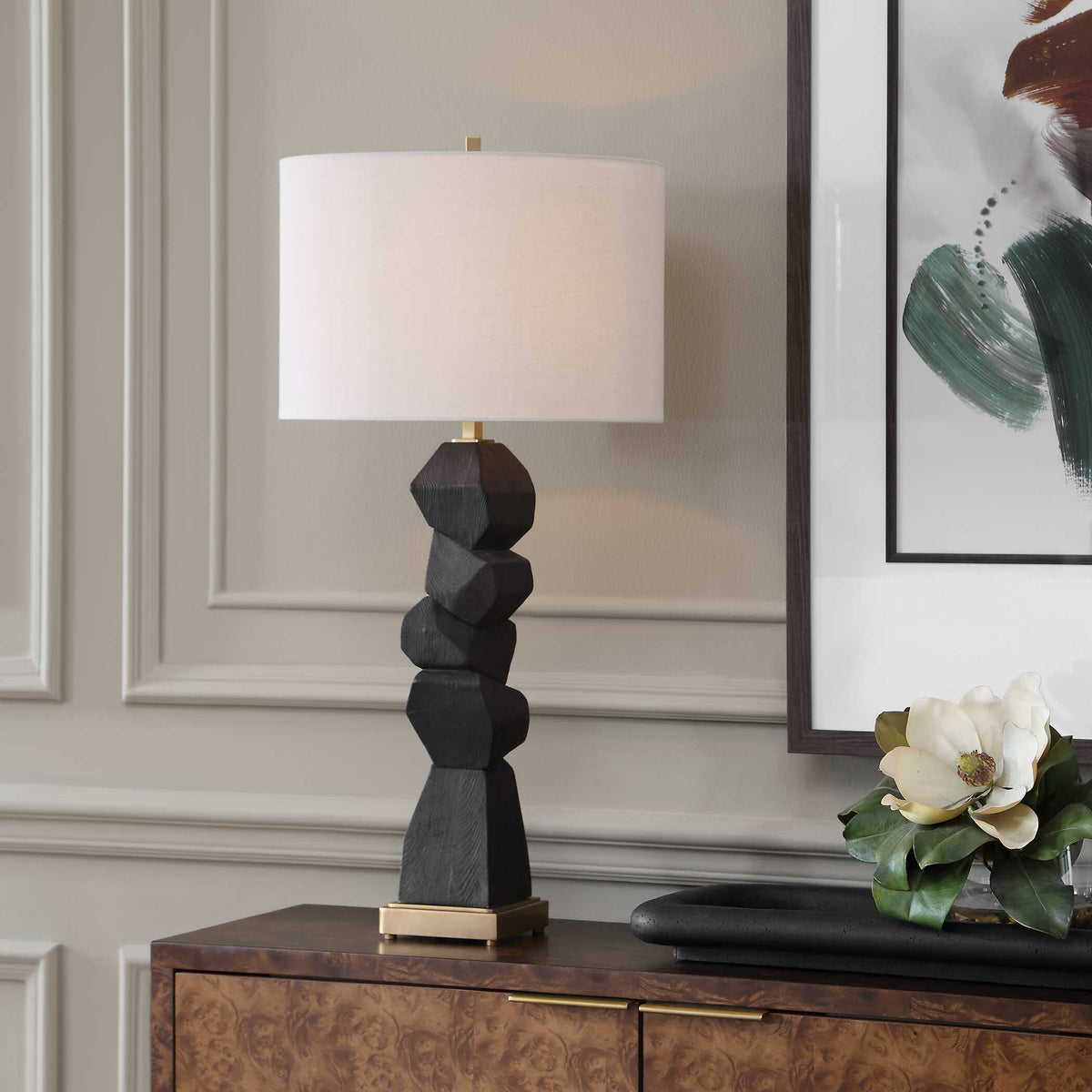 Demelo Black/Brown Stacked Wood Table Lamp - Ornate Home