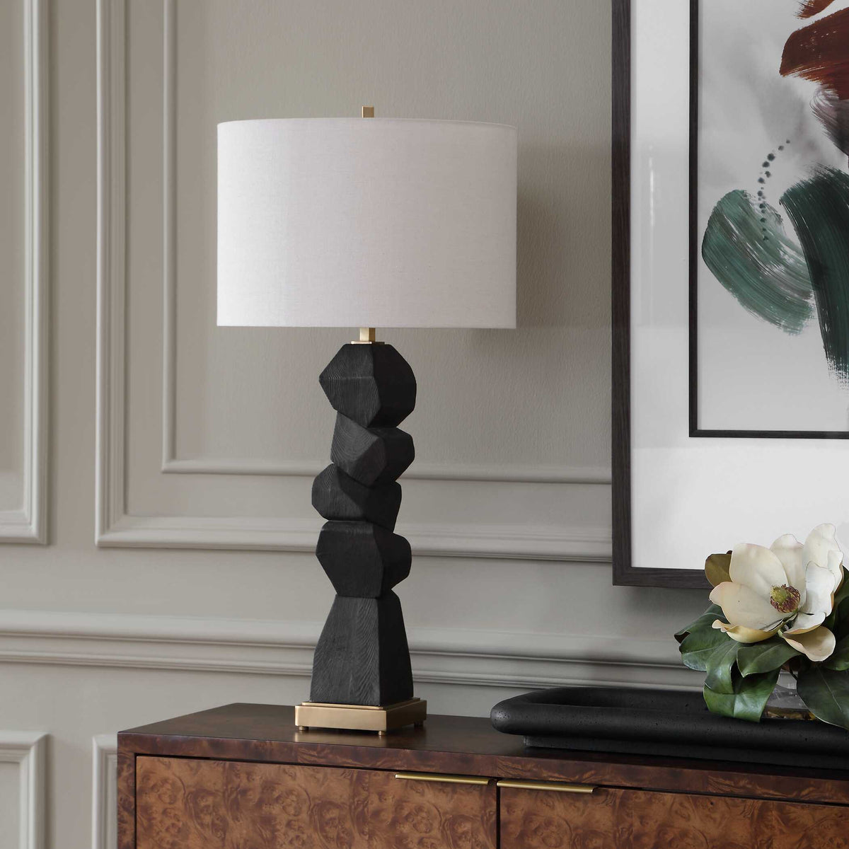 Demelo Black/Brown Stacked Wood Table Lamp - Ornate Home