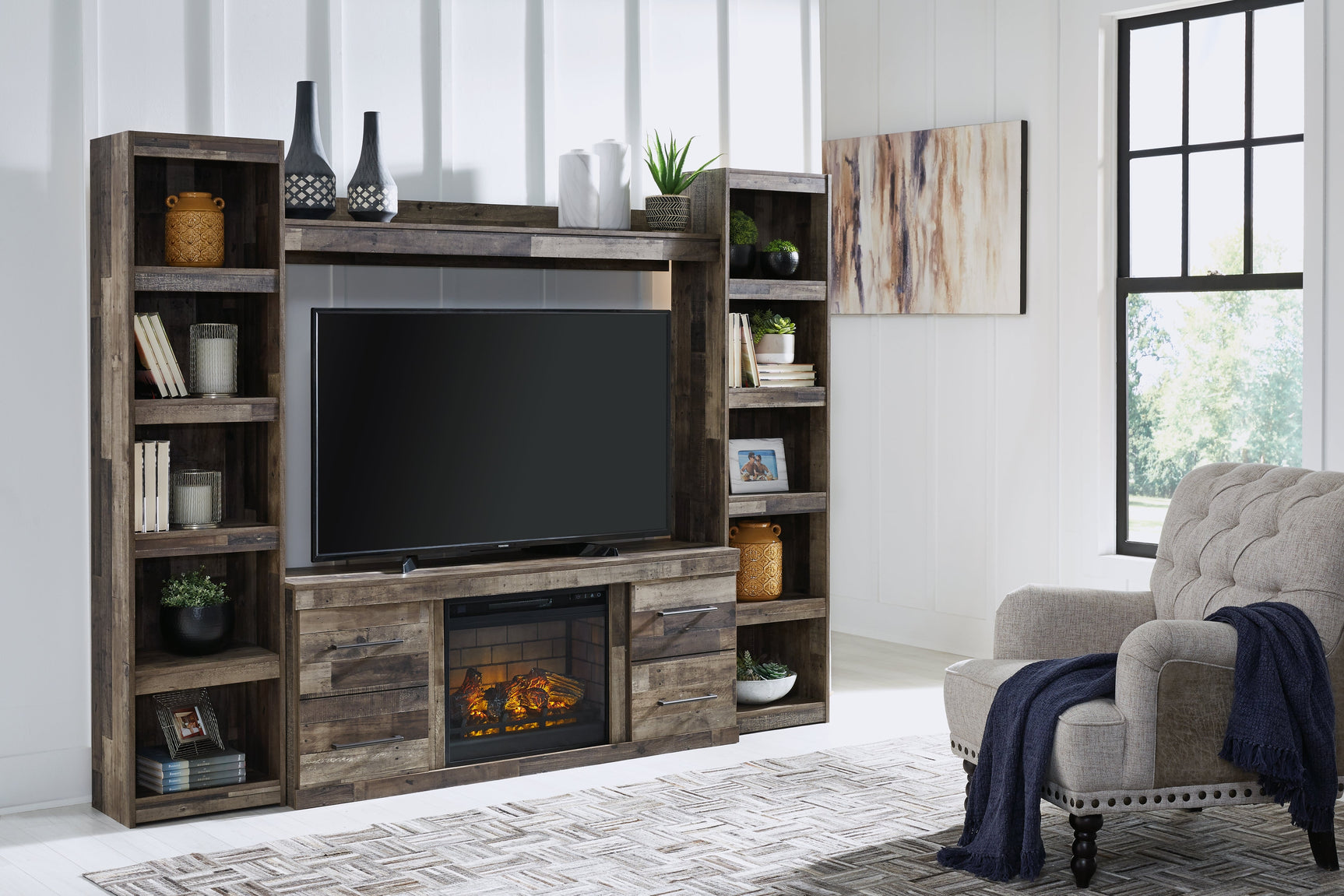 Derekson Multi Gray 4-Piece Entertainment Center with Electric Fireplace (Online Special Price) - Ornate Home