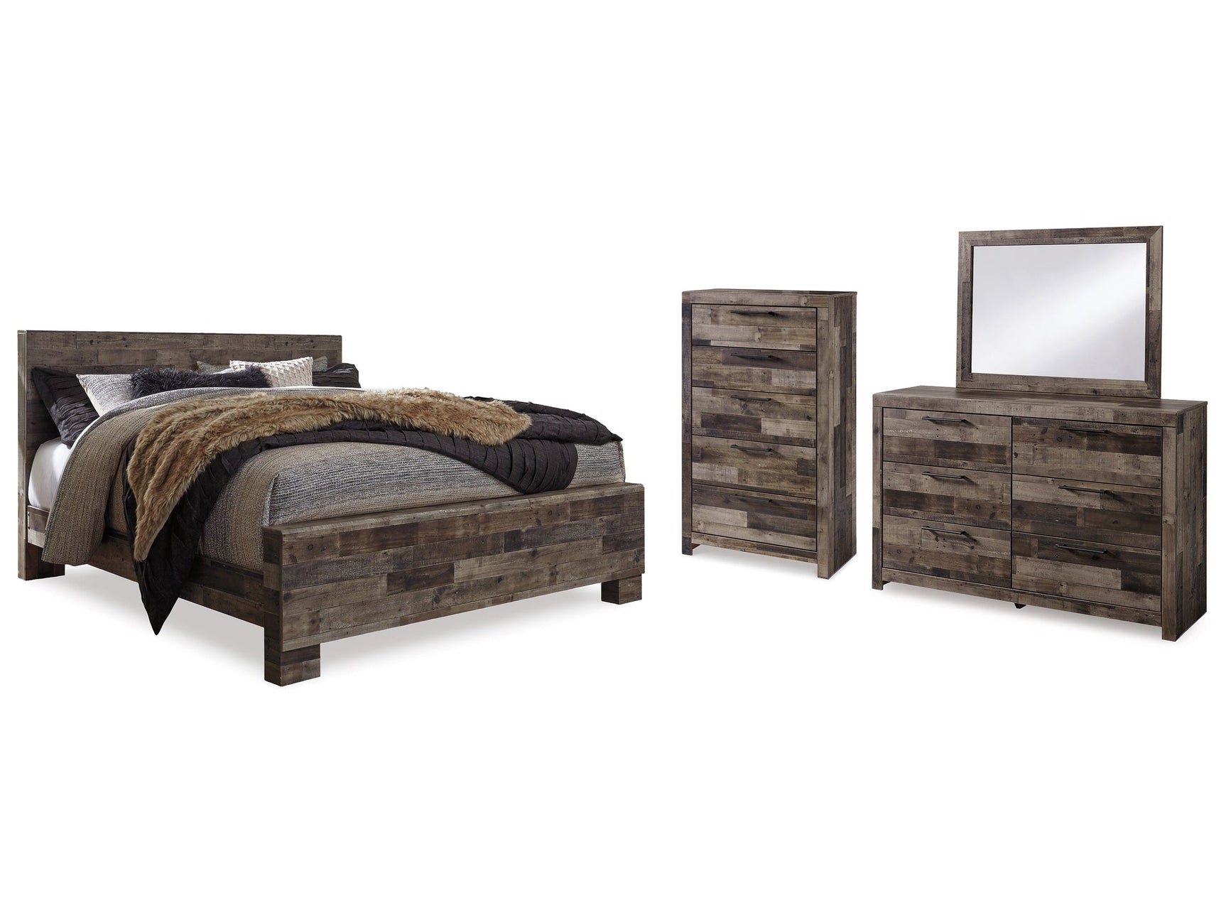 Derekson Multi Gray King Panel Bedroom Set with Dresser, Mirror and Chest (Online Special Price) - Ornate Home