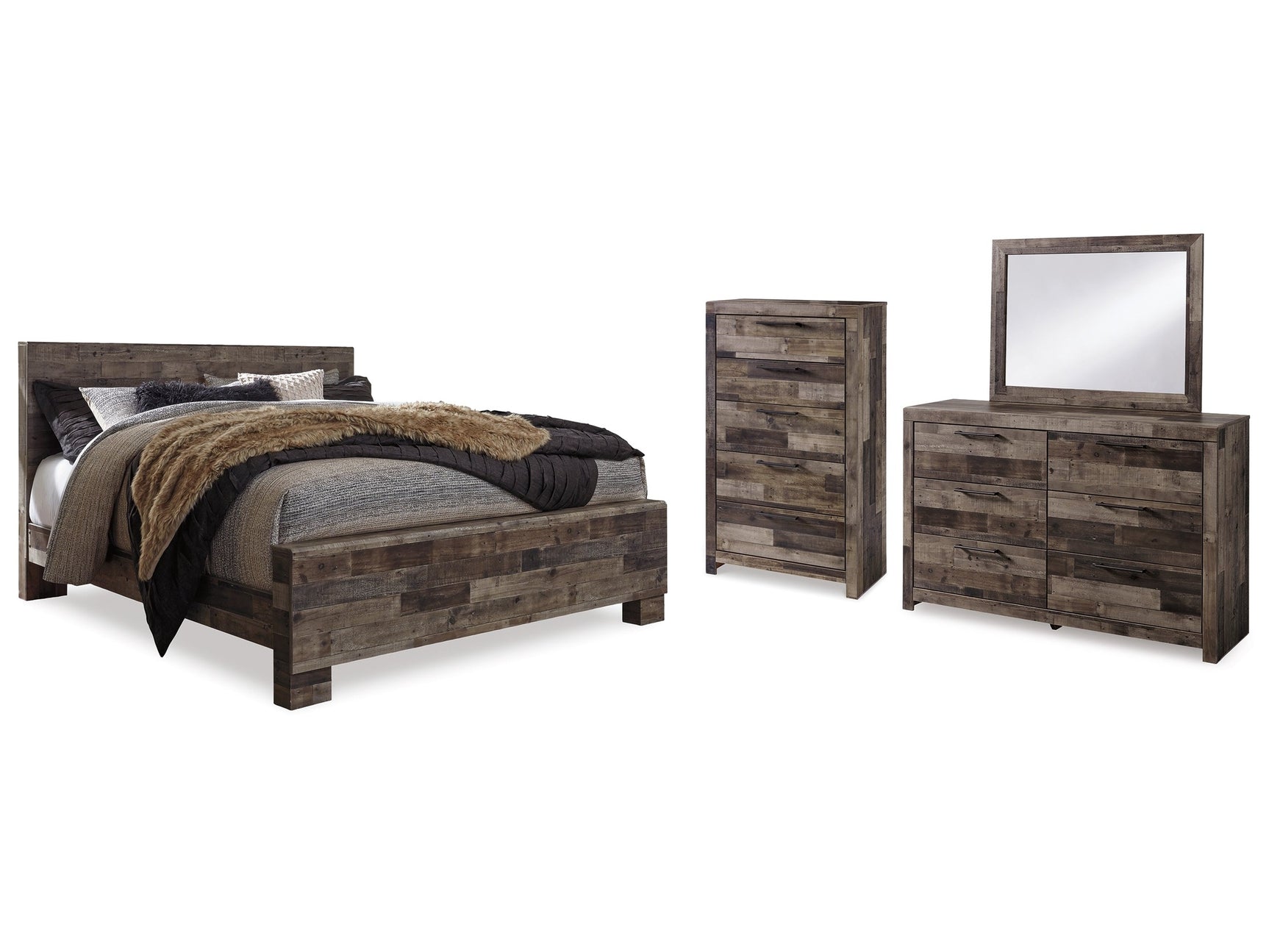 Derekson Multi Gray King Panel Bedroom Set with Dresser, Mirror and Chest - Ornate Home