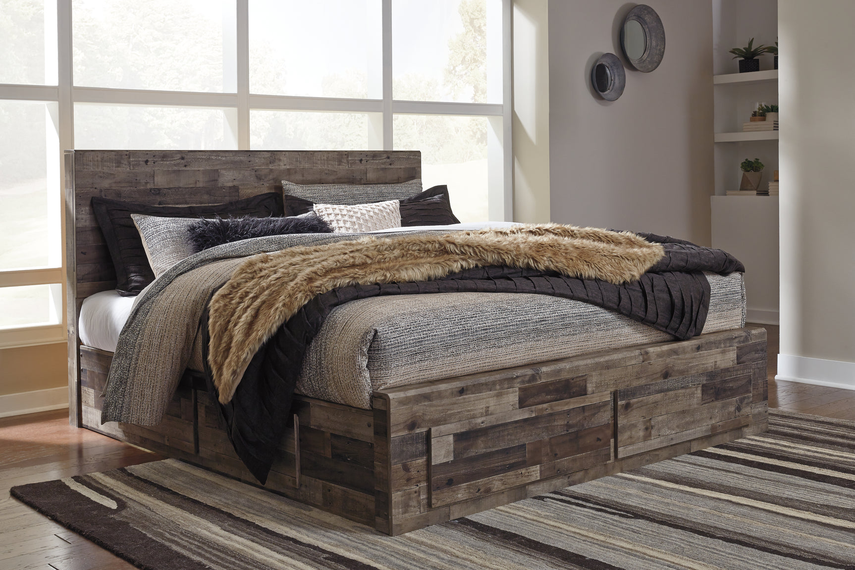 Derekson Multi Gray King Panel Storage Bed, Dresser, Mirror, Chest and 2 Nightstands - Ornate Home