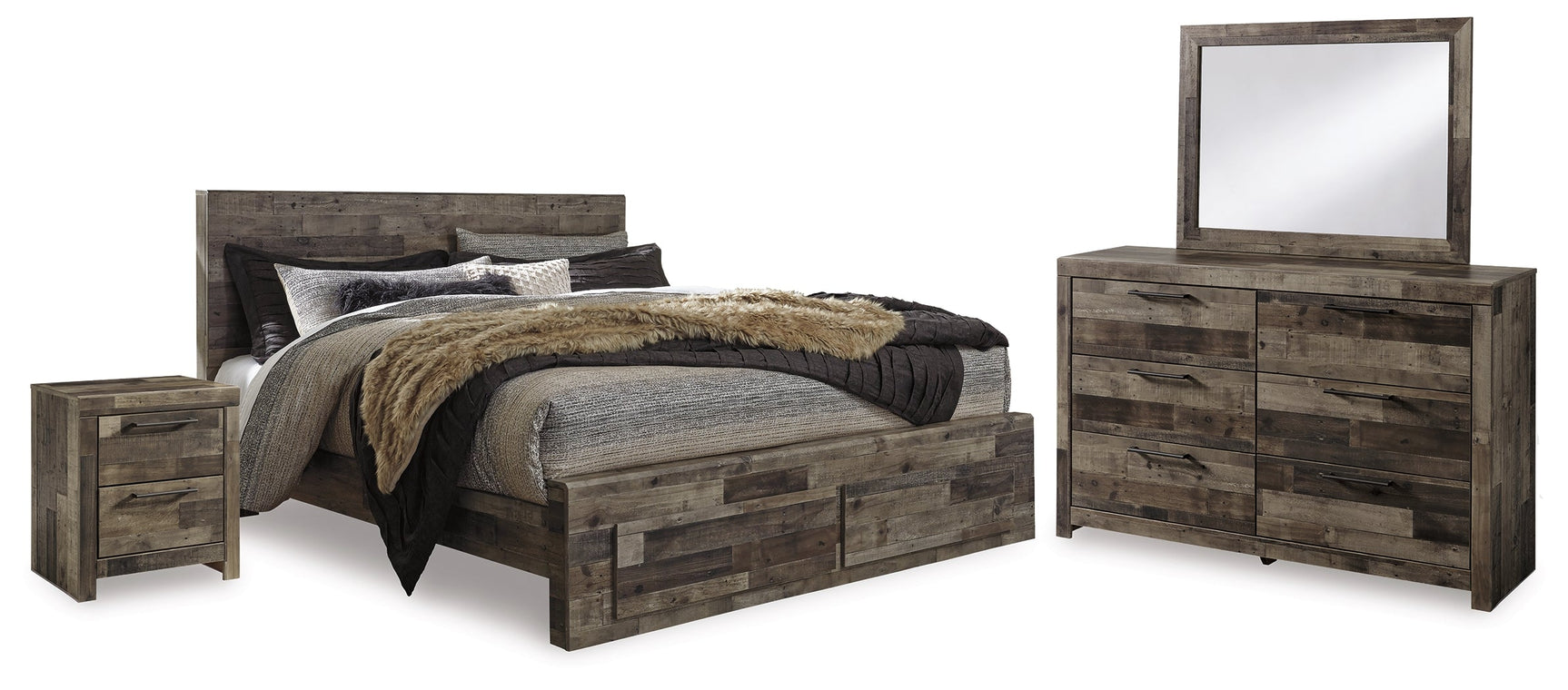 Derekson Multi Gray King Panel Storage Bedroom Set with Dresser, Mirror, Chest and 2 Nightstands (Online Special Price) - Ornate Home