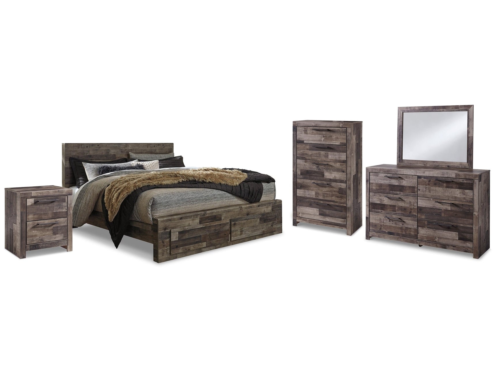 Derekson Multi Gray King Panel Storage Bedroom Set with Dresser, Mirror, Chest and Nightstand (Online Special Price) - Ornate Home