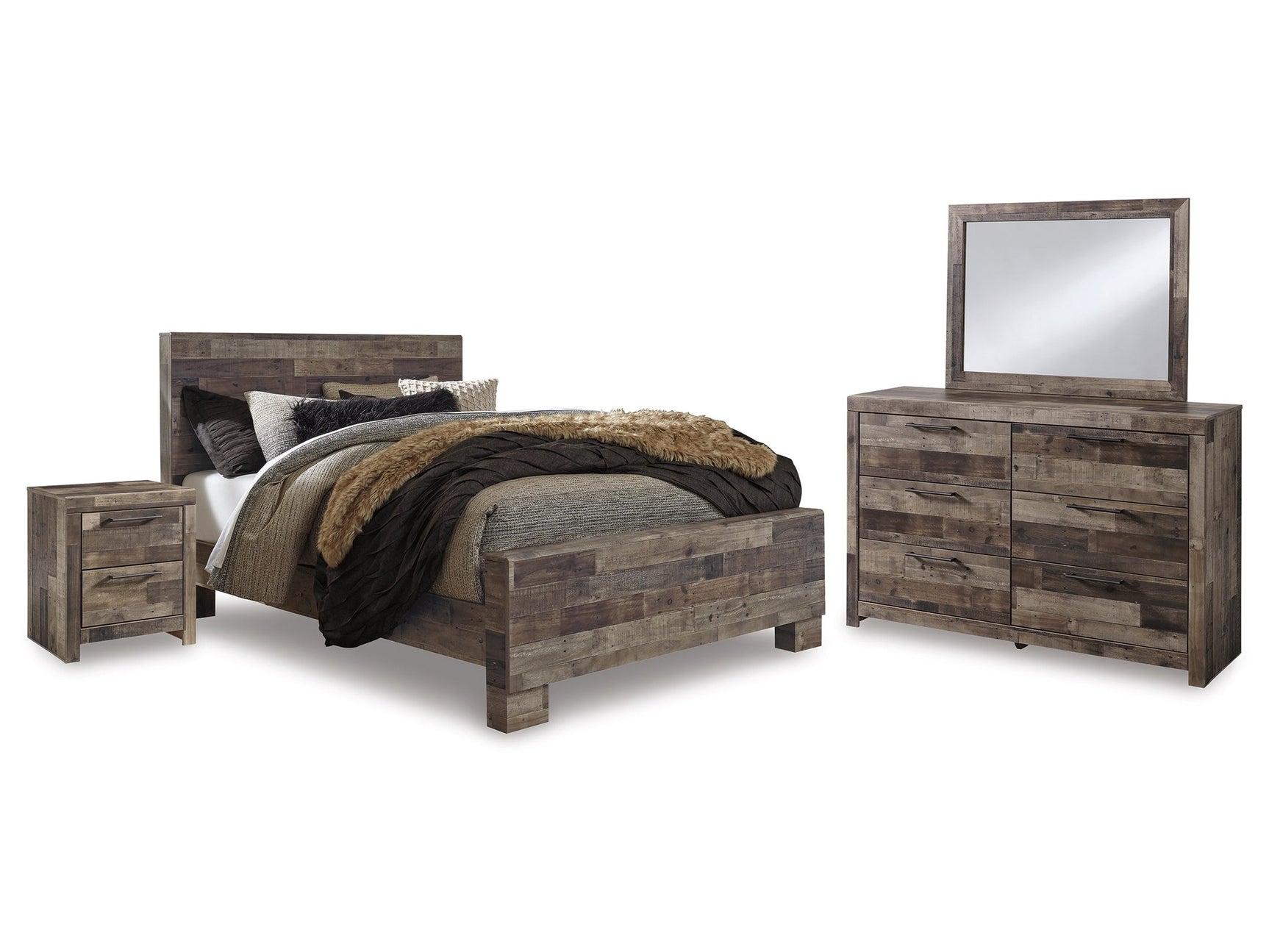 Derekson Multi Gray Queen Bed with Mirrored Dresser and Nightstand - Ornate Home