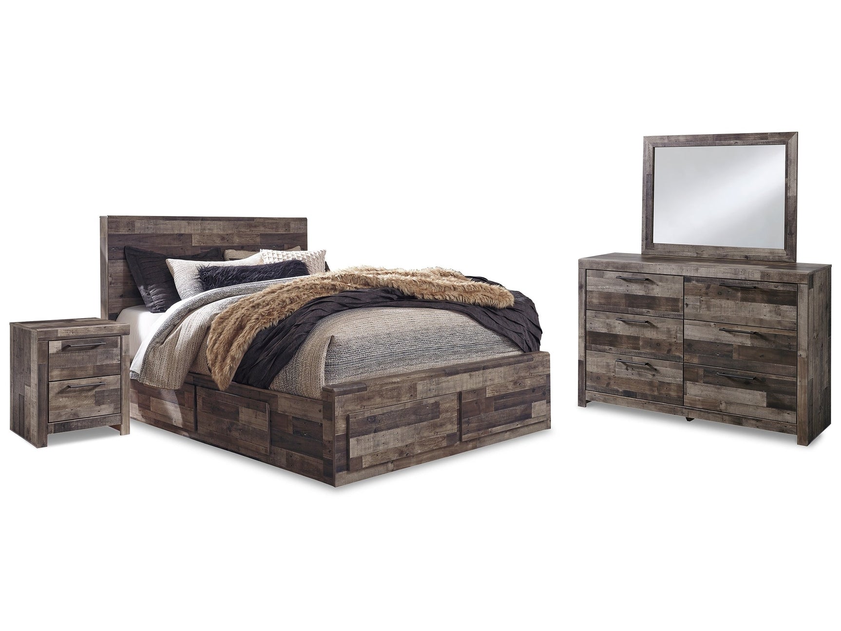 Derekson Multi Gray Queen Panel Storage Bedroom Set with Dresser, Mirror and 2 Nightstands - Ornate Home
