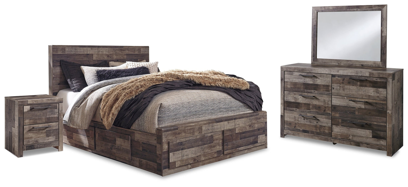 Derekson Multi Gray Queen Panel Storage Bedroom Set with Dresser, Mirror and 2 Nightstands - Ornate Home