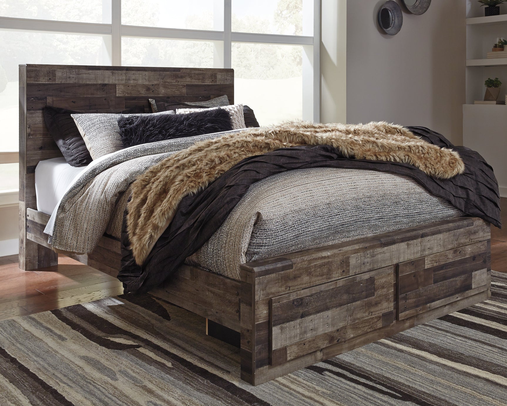 Derekson Multi Gray Queen Panel Storage Bedroom Set with Dresser, Mirror and 2 Nightstands - Ornate Home