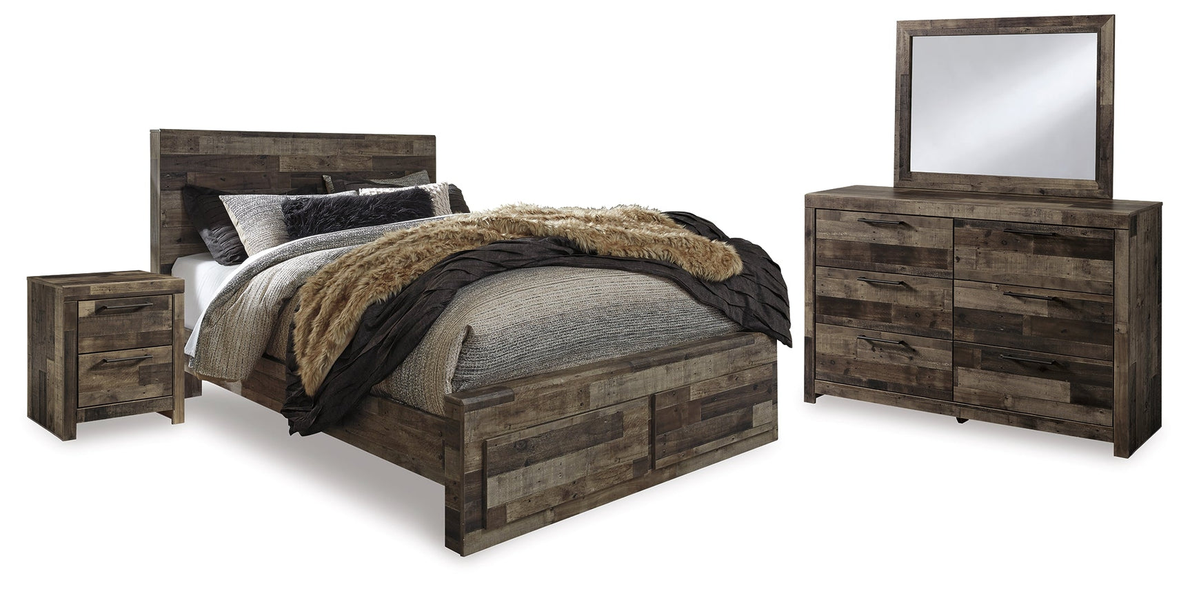 Derekson Multi Gray Queen Panel Storage Bedroom Set with Mirrored Dresser and Nightstand (Online Special Price) - Ornate Home