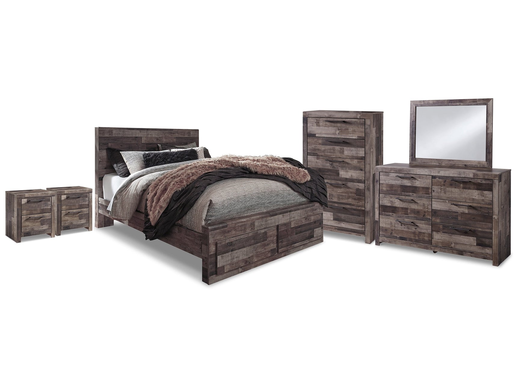 Derekson Multi Gray Queen Storage Bedroom Set with Dresser, Mirror, Chest and 2 Nightstands - Ornate Home