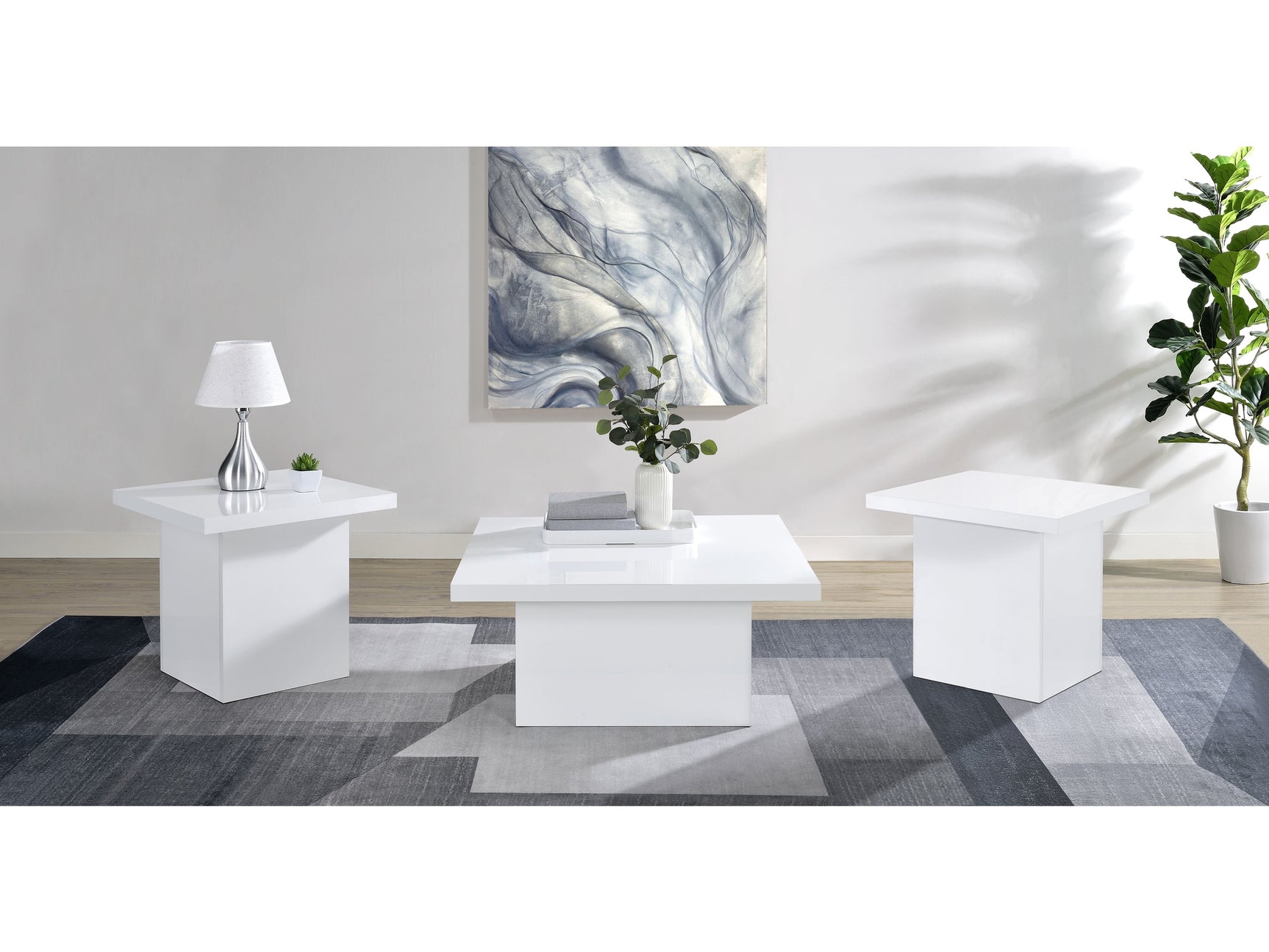 Devar White High Gloss 3-piece Square Coffee End Table Set - Ornate Home