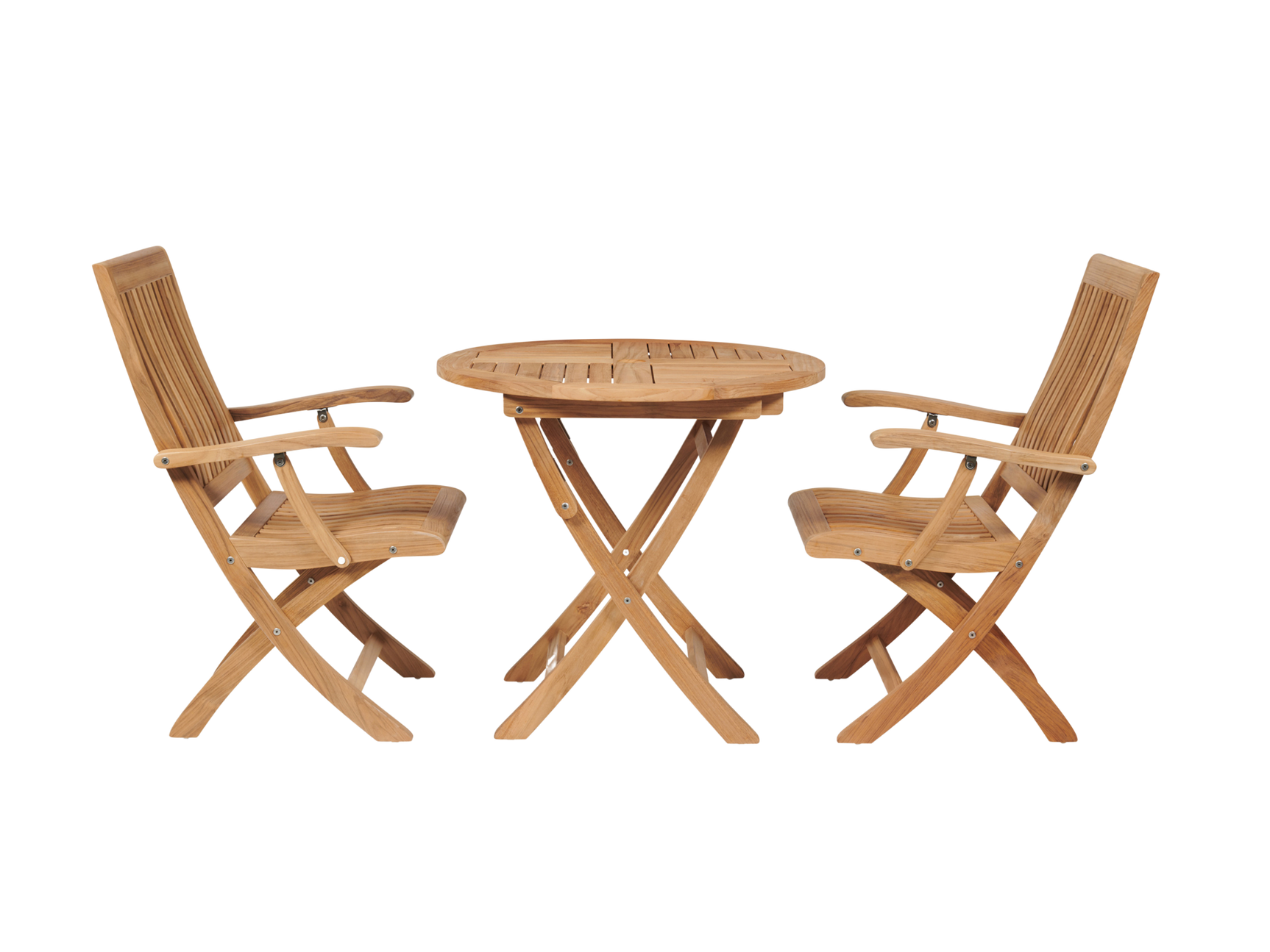 Devon 3-Piece Round Teak Outdoor Bistro Set with Folding Table and Folding Armchairs - Ornate Home
