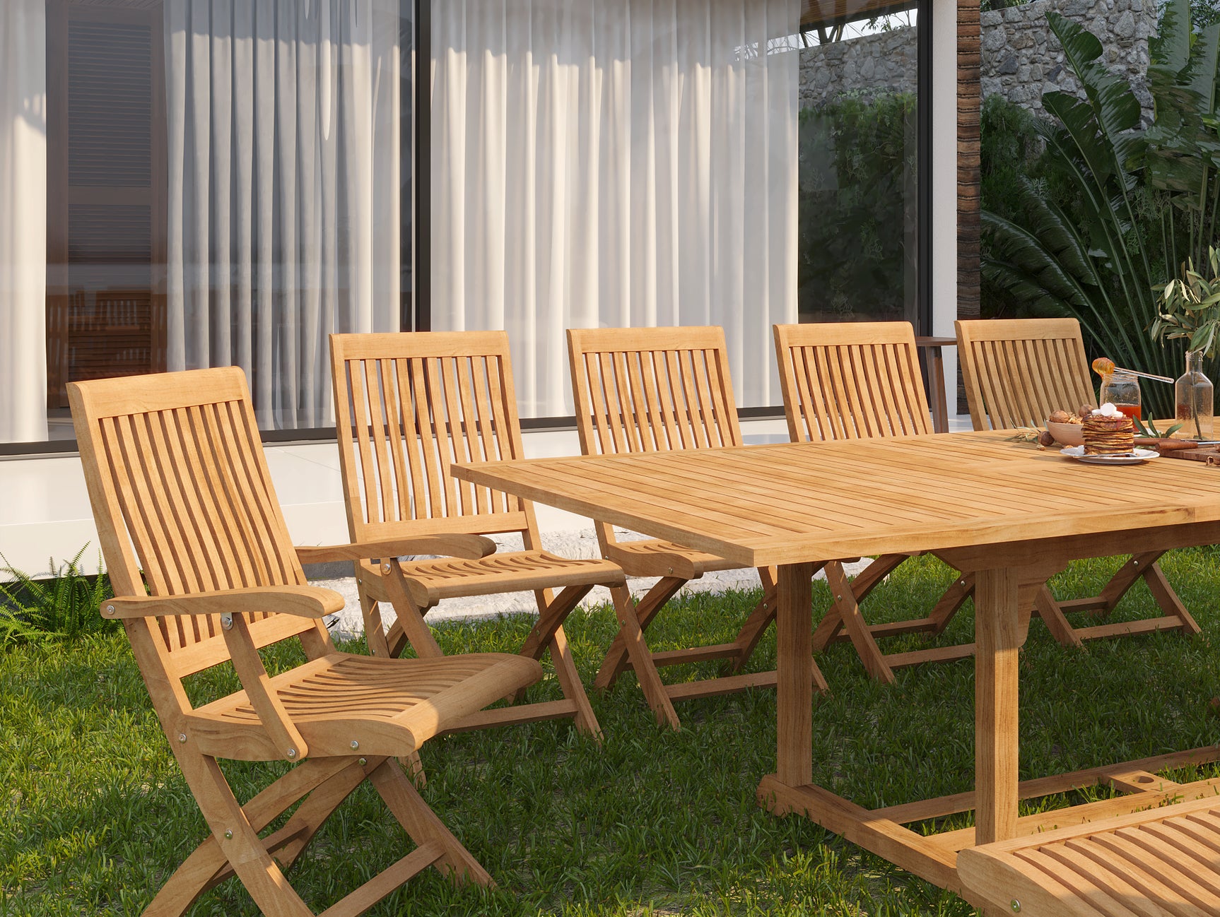 Devon 9-Piece Rectangular Teak Outdoor Family Dining Set with Extendable Table and Folding Chairs - Ornate Home