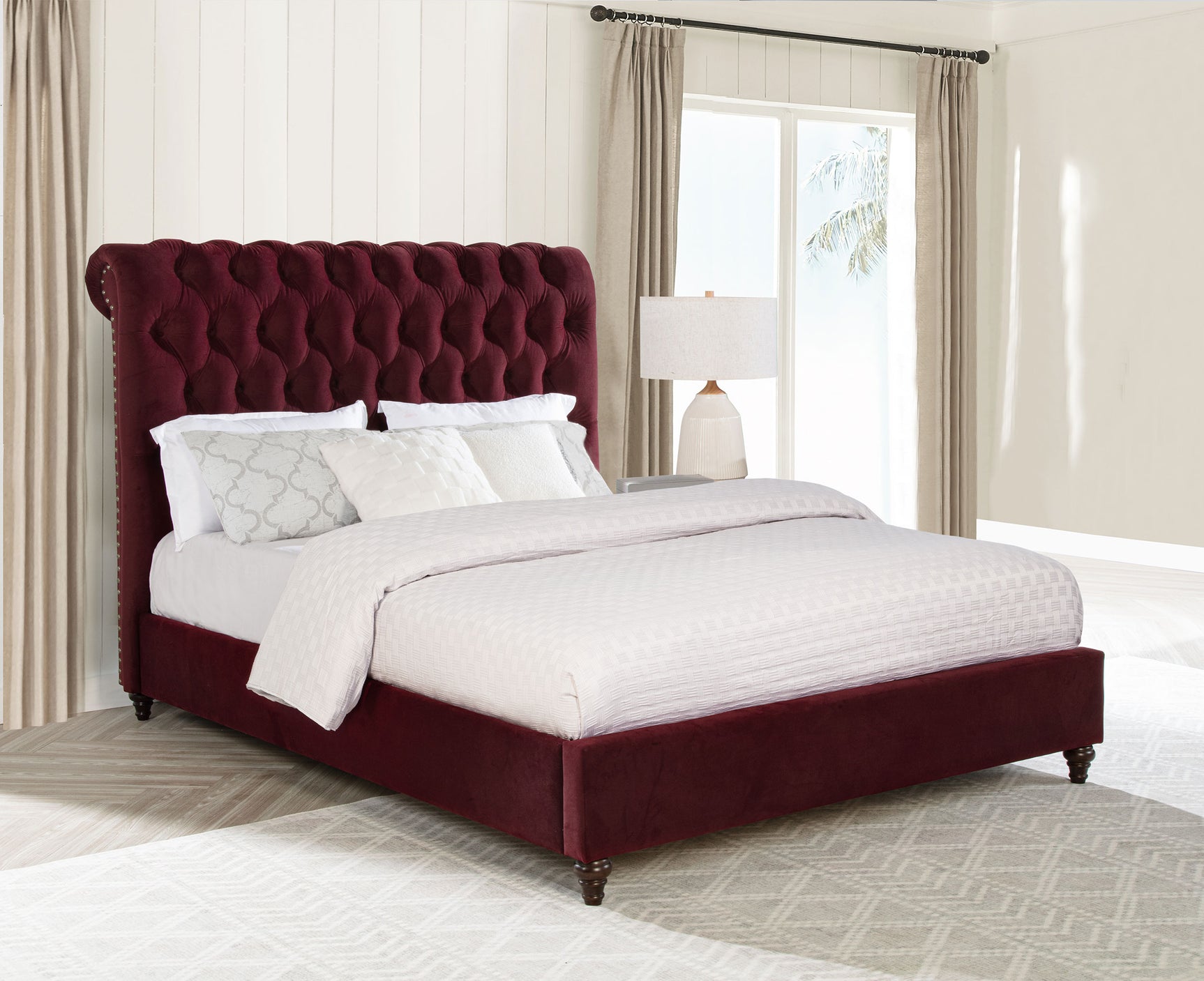 Devon Wine Red Upholstered Queen Panel Bed - Ornate Home