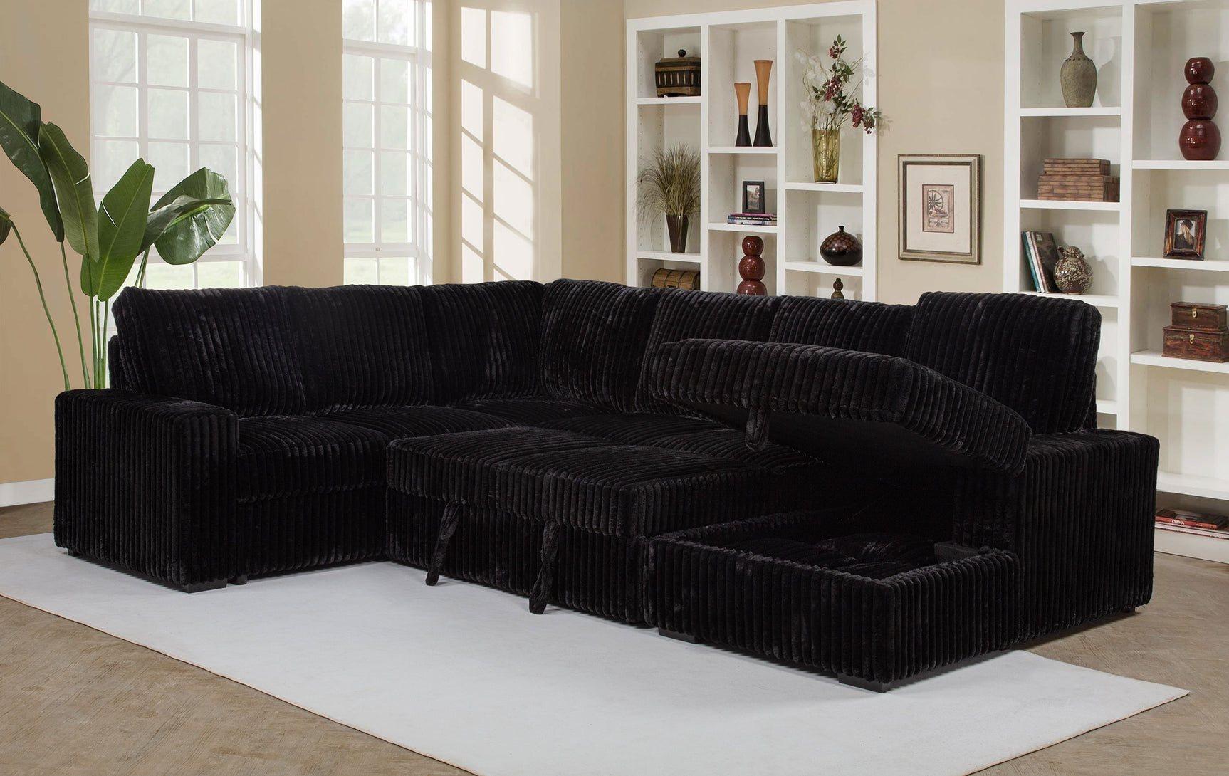 Devonshire Black Sleeper Sectional Sofa Storage Chaise - Ornate Home
