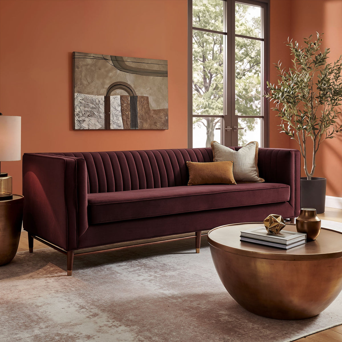 Devote Mulberry 93 Inch Performance Velvet Channel Tufted Sofa