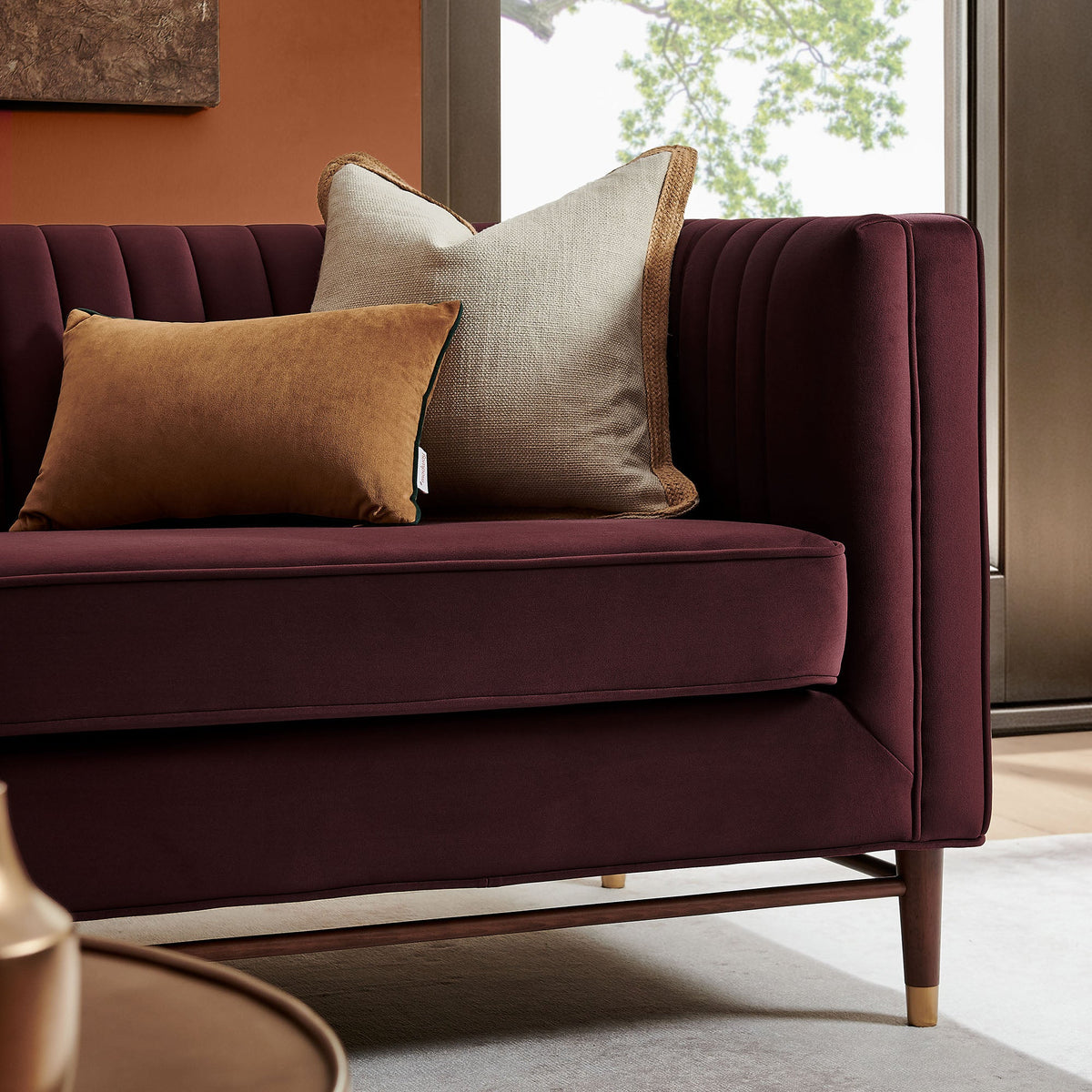 Devote Mulberry 93 Inch Performance Velvet Channel Tufted Sofa