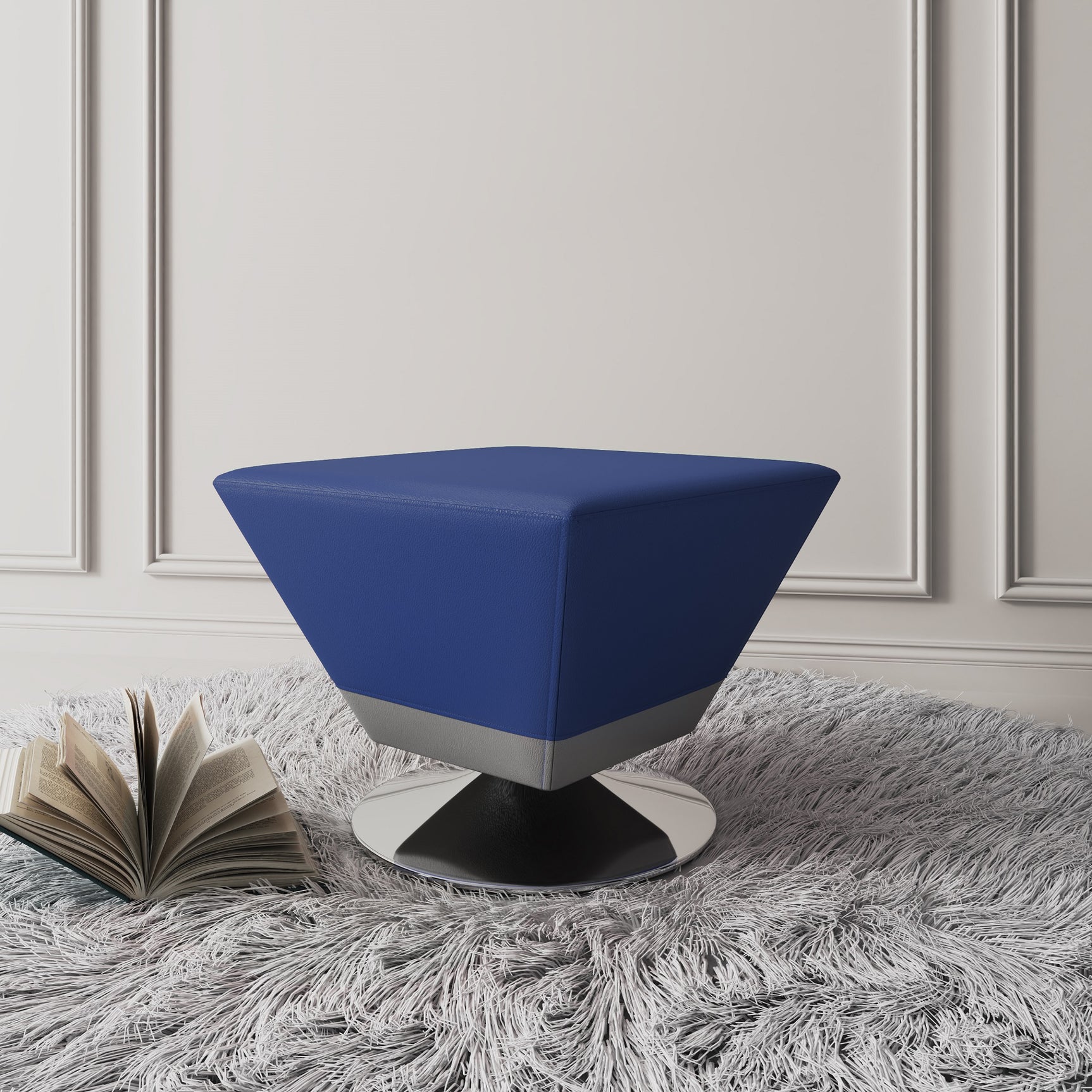 Diamond Swivel Ottoman in Blue and Polished Chrome - Ornate Home