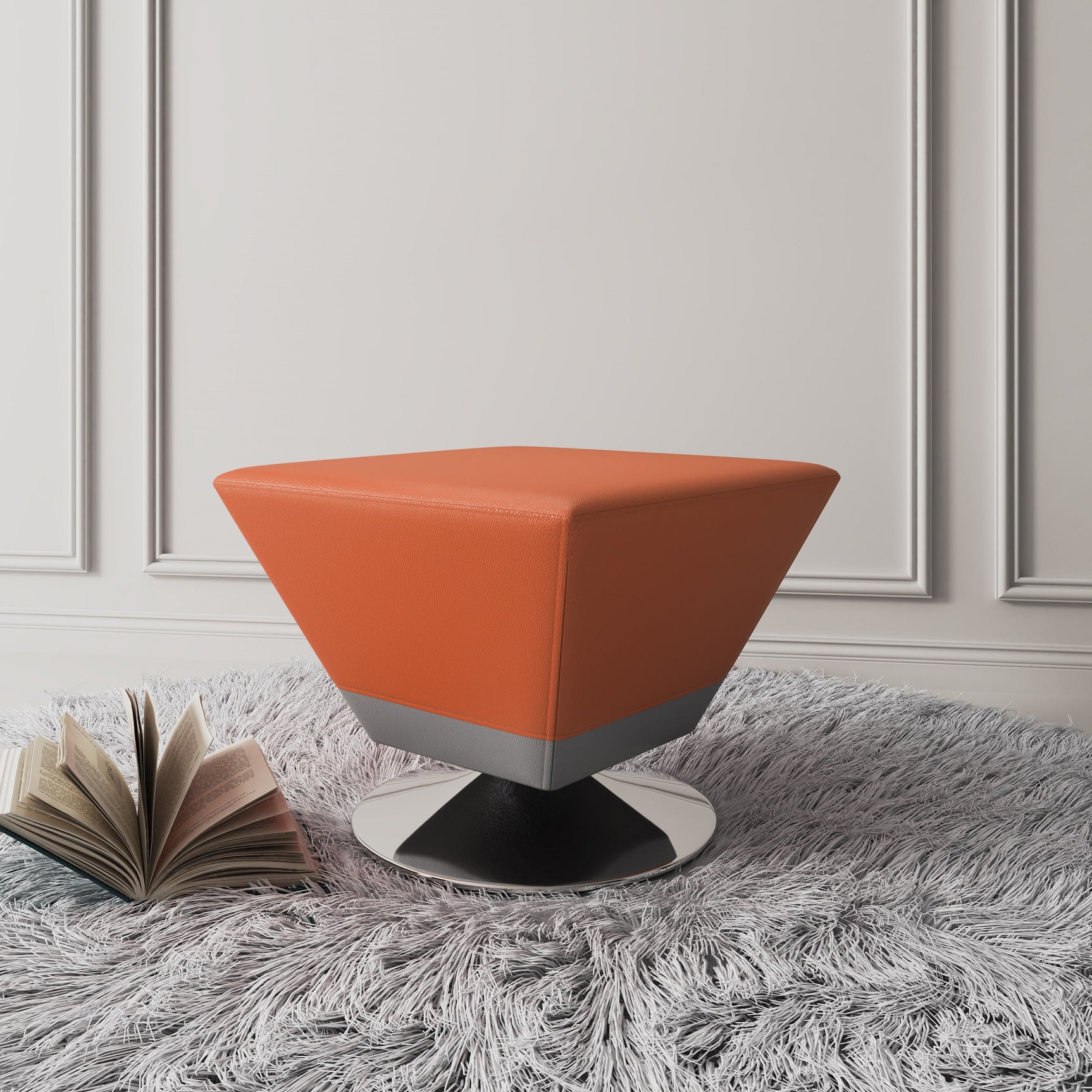 Diamond Swivel Ottoman in Orange and Polished Chrome - Ornate Home