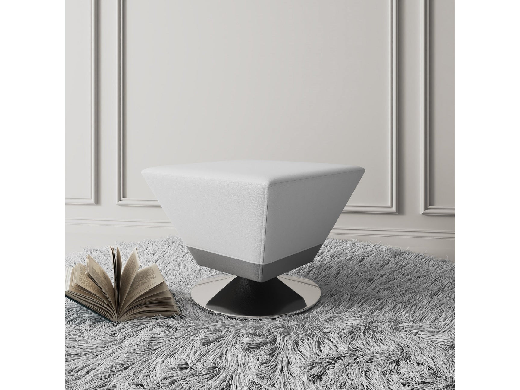 Diamond Swivel Ottoman in White and Polished Chrome - Ornate Home