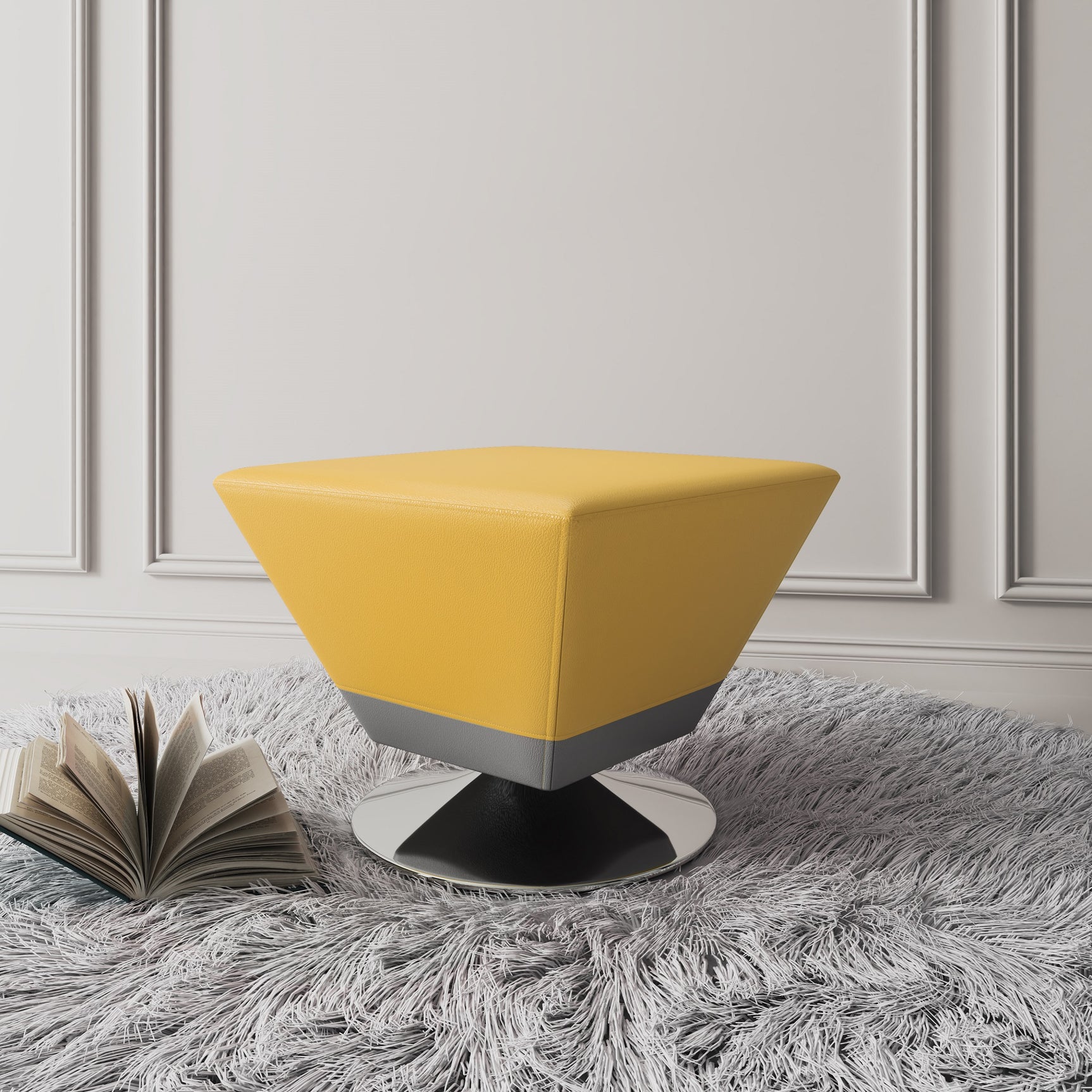 Diamond Swivel Ottoman in Yellow and Polished Chrome - Ornate Home
