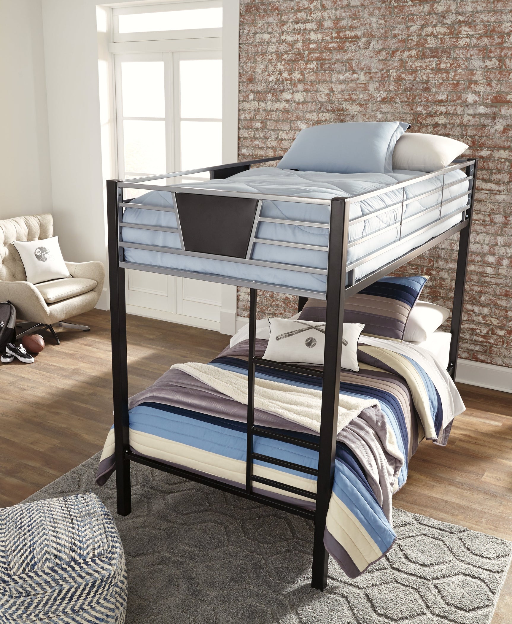 Dinsmore Black/Gray Twin over Twin Bunk Bed w/Mattresses (Online Special Price) - Ornate Home