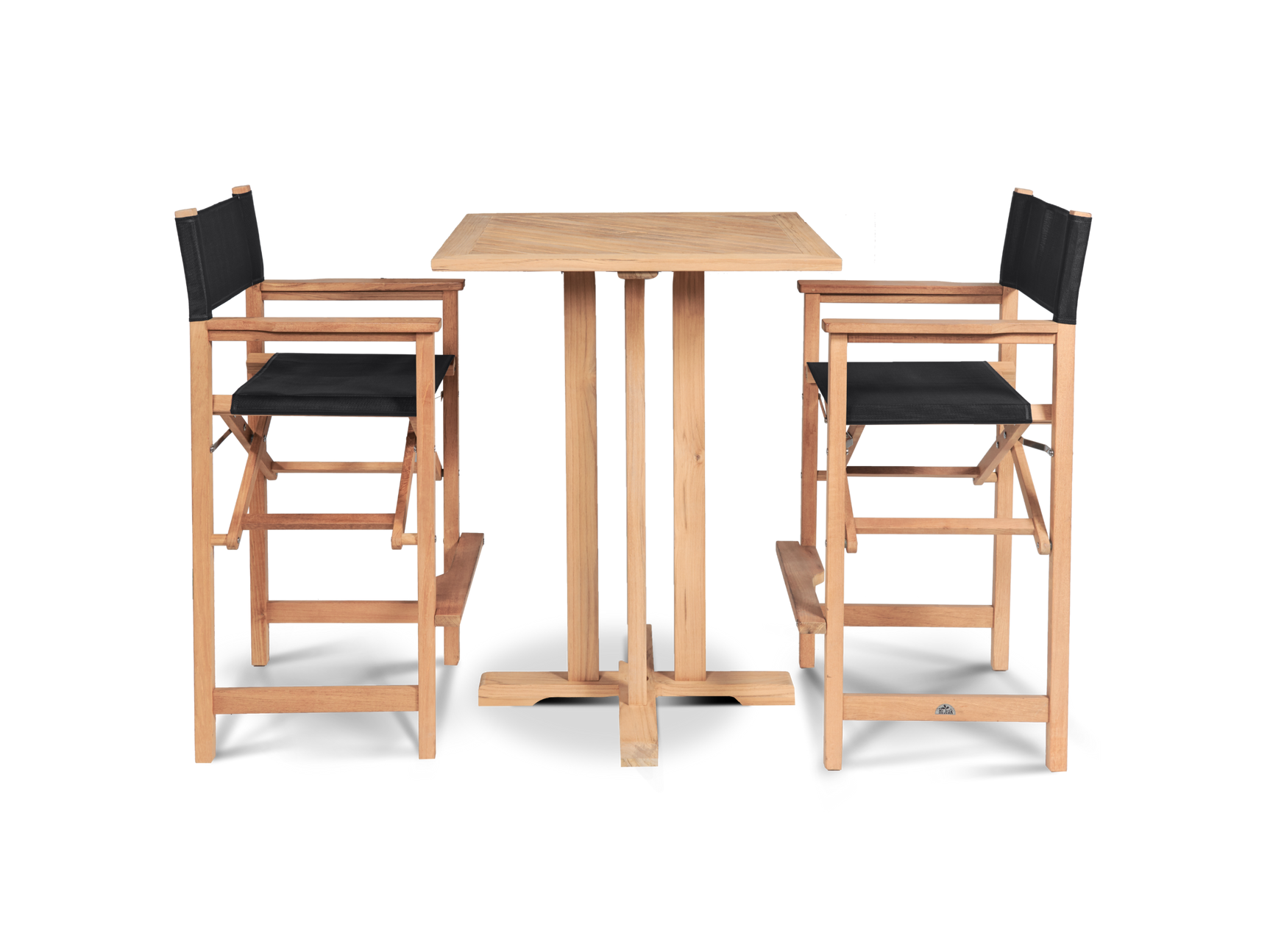 Director 3-Piece Square Teak Black Outdoor Bar Height Dining Set with Folding Armchairs - Ornate Home
