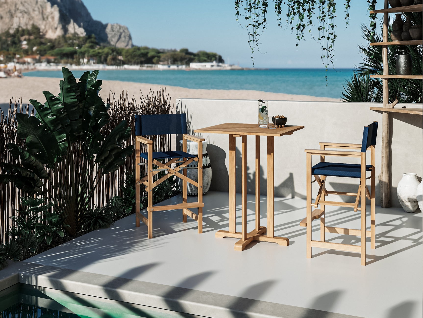 Director 3-Piece Square Teak Blue Outdoor Bar Height Dining Set with Folding Armchairs - Ornate Home