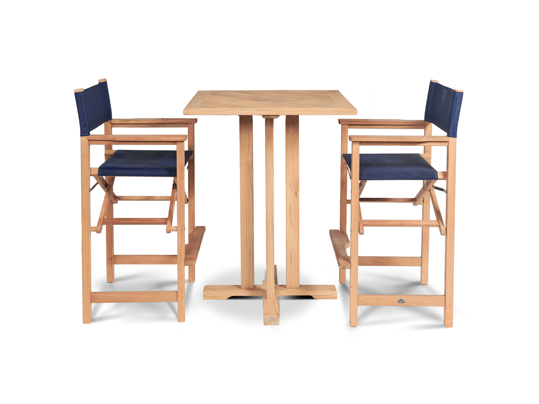 Director 3-Piece Square Teak Blue Outdoor Bar Height Dining Set with Folding Armchairs - Ornate Home