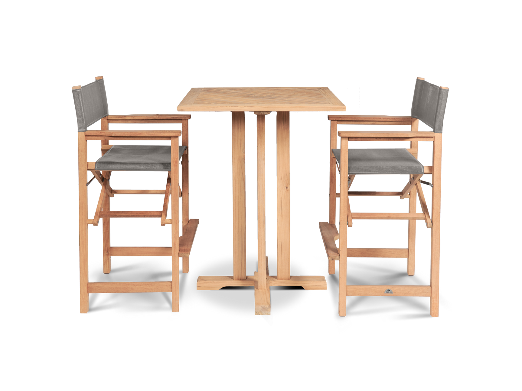 Director 3-Piece Square Teak Taupe Outdoor Bar Height Dining Set with Folding Armchairs - Ornate Home