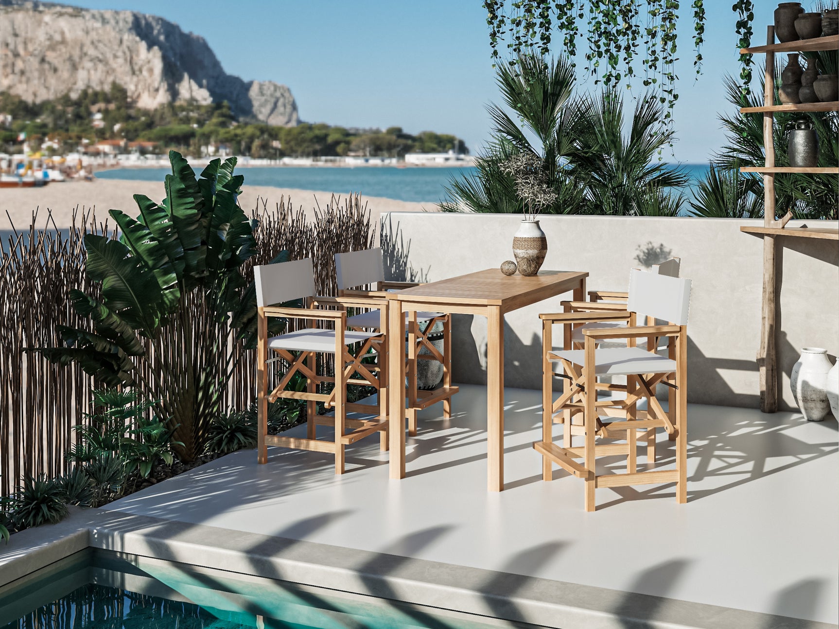 Director 5-Piece Rectangular Teak White Outdoor Counter Height Dining Set with Folding Armchairs - Ornate Home