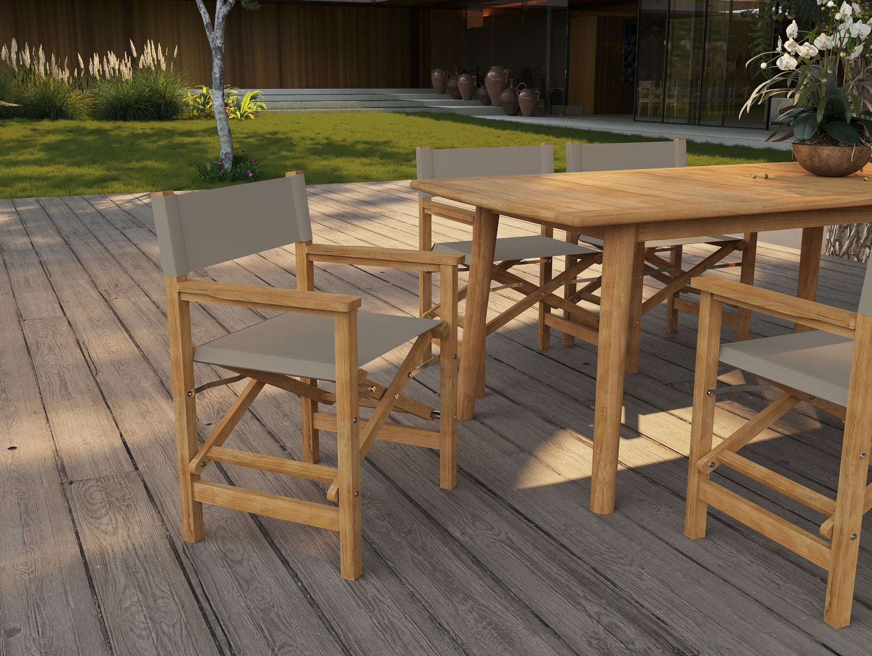 Director 7-Piece Teak Taupe Outdoor Family Dining Set with Folding Armchairs - Ornate Home