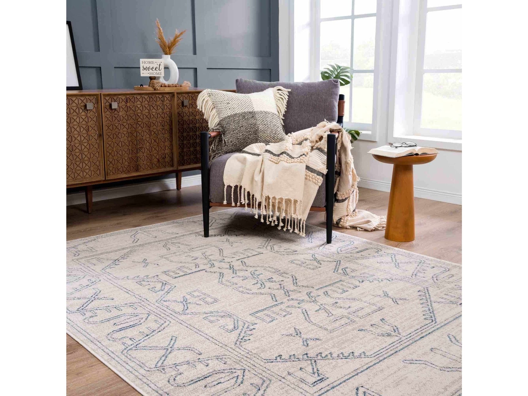 Divya Cream & Silver Blue Area Rug - Clearance - Ornate Home