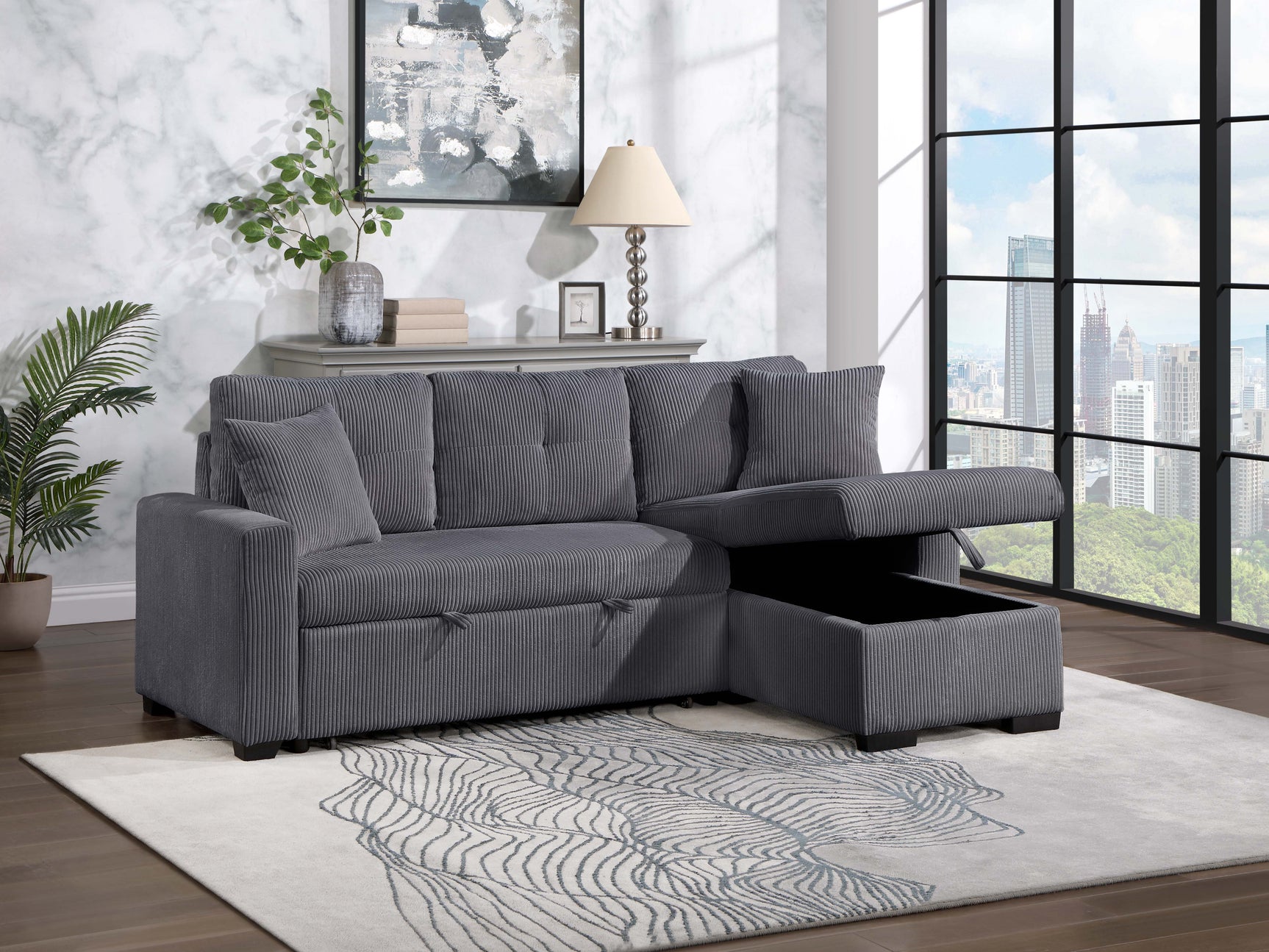 Dorset Dark Gray Pull Out Sofa Bed w/ Reversible Storage Chaise - Ornate Home