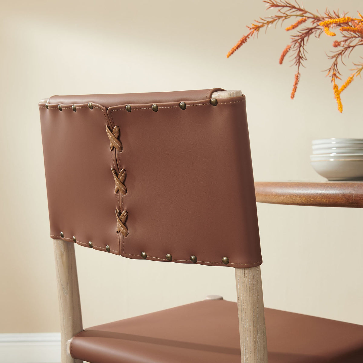 Dover Natural Wood Vegan Leather Dining Side Chair - Ornate Home
