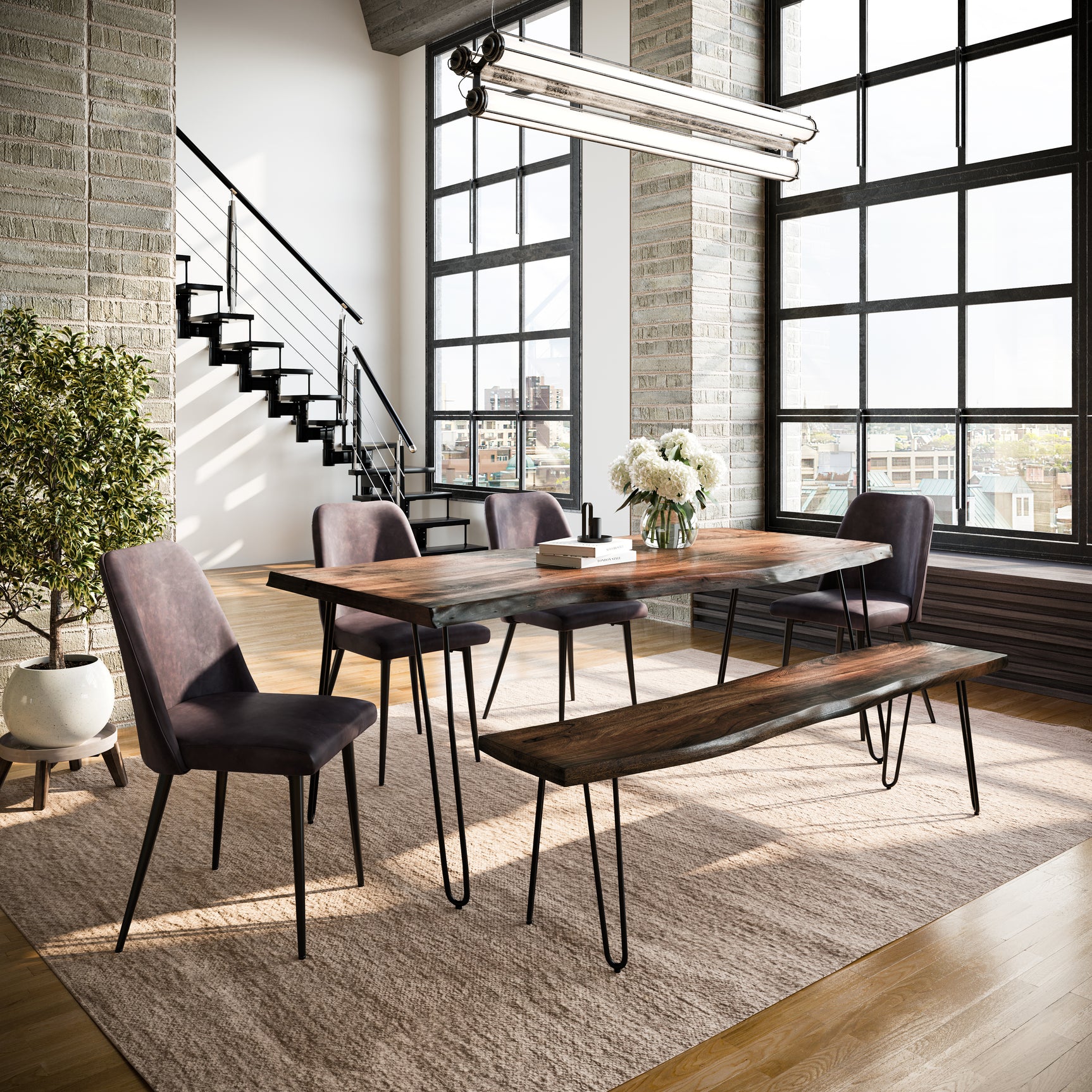Nature's Edge Light Chestnut/Dark Brown 79 Dining Table w/ 4 Maddox Chairs and Bench