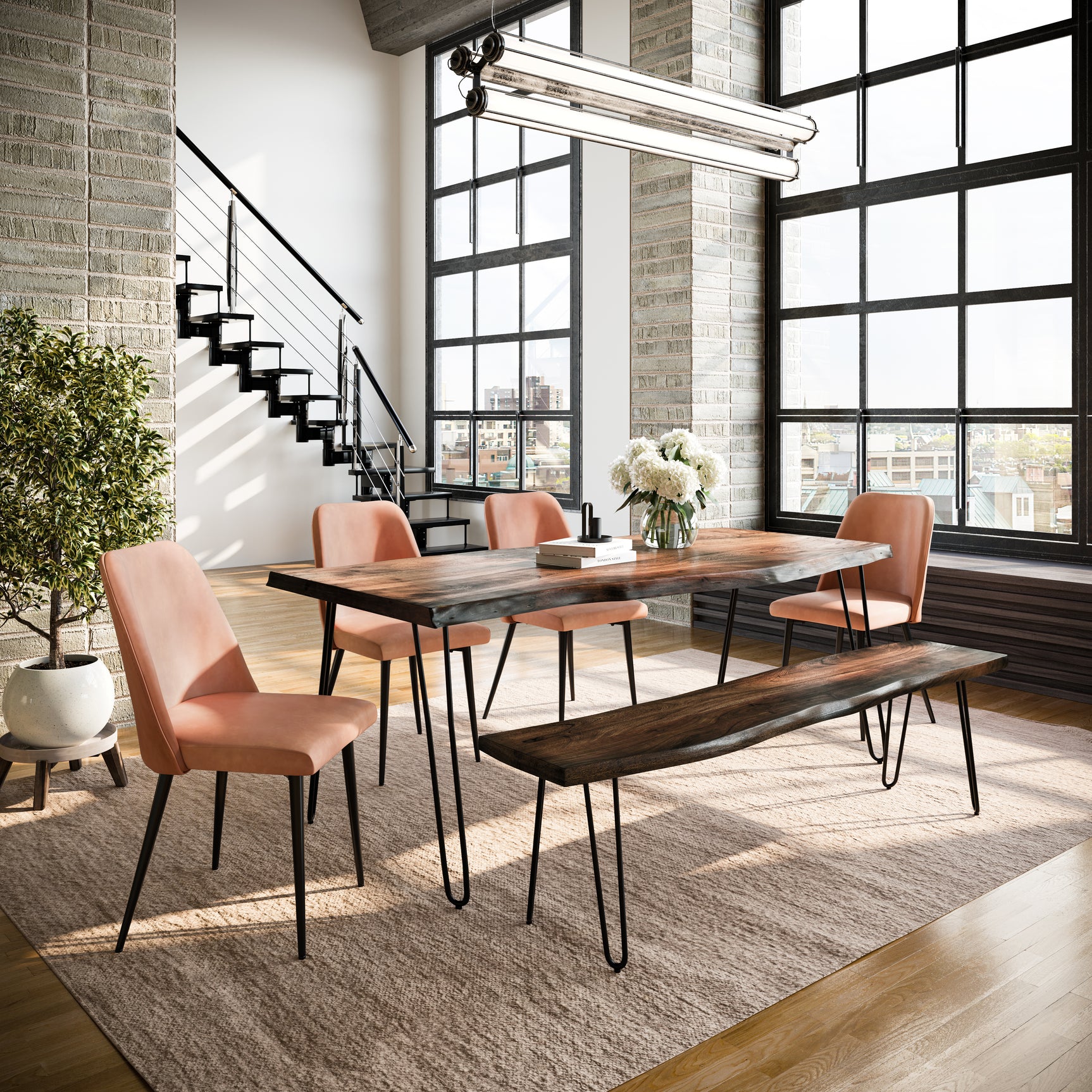 Nature's Edge Light Chestnut/Light Brown 79 Dining Table w/ 4 Maddox Chairs and Bench