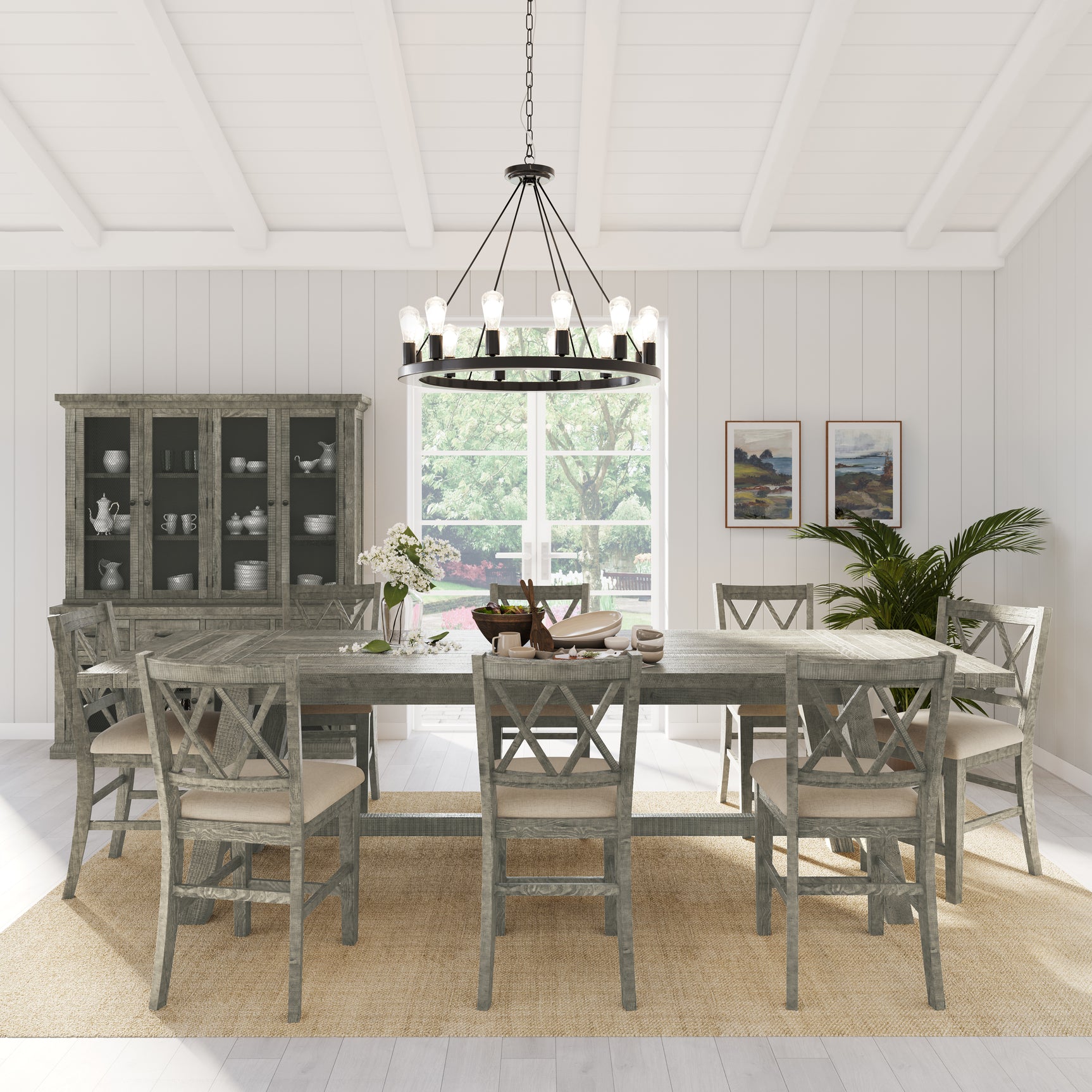 Telluride Driftwood Trestle Counter Dining Table w/ 8 Stools