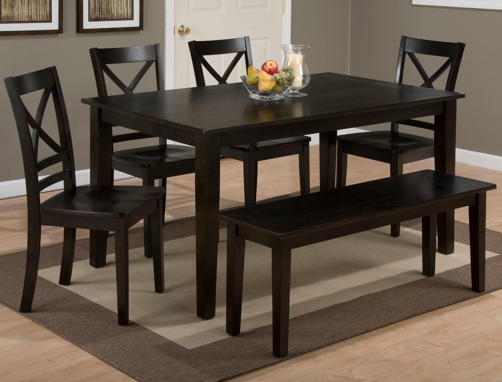 Simplicity Espresso Rect. Dining Table w/ 4 X-Back Chairs, Bench
