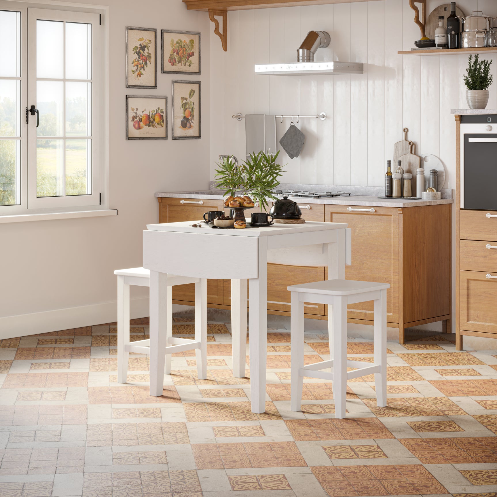 Eastern Tides Blanc Dropleaf Counter Dining Table w/ 2 Backless Stools