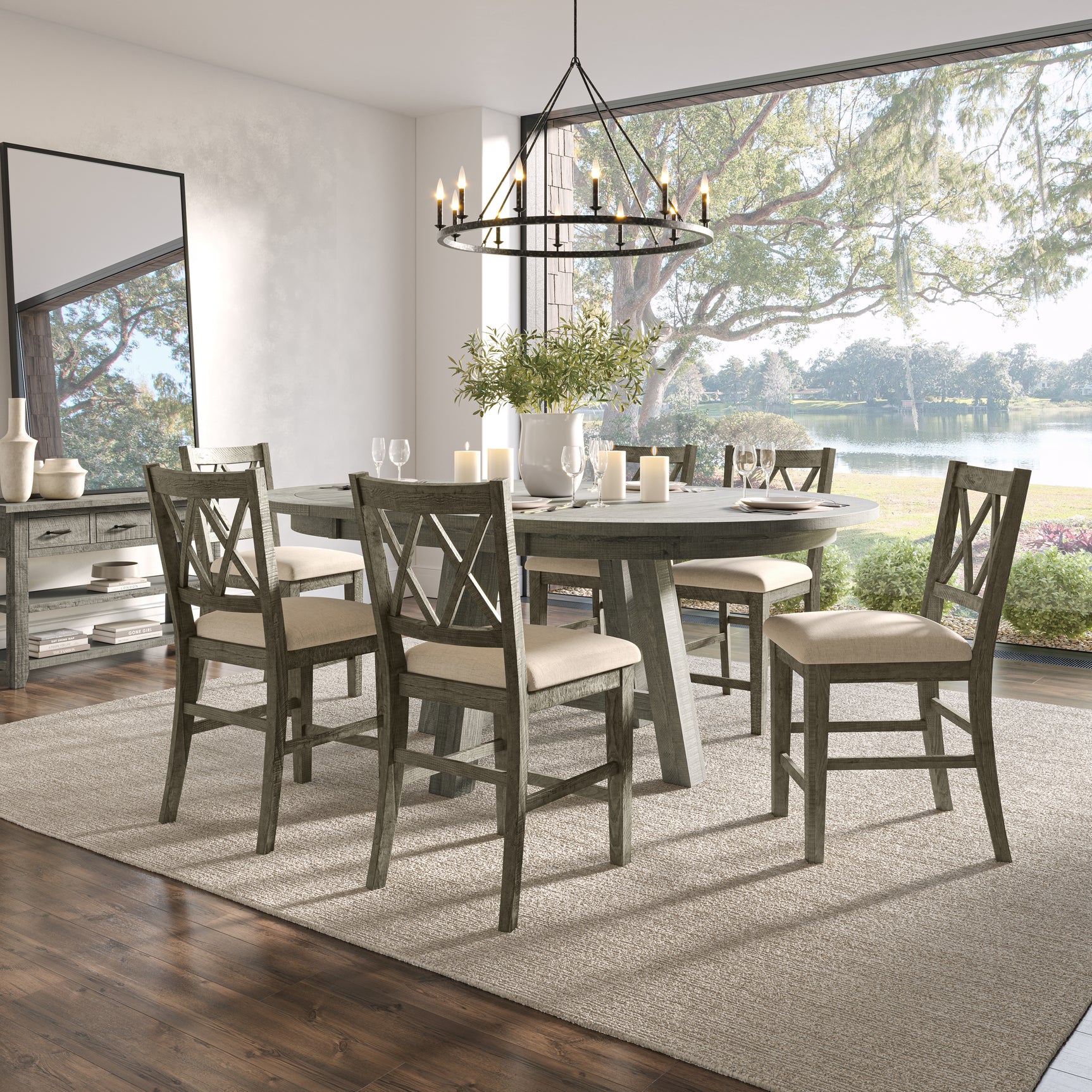 Telluride Driftwood Round Counter Dining Table w/ 6 X-Back Stools