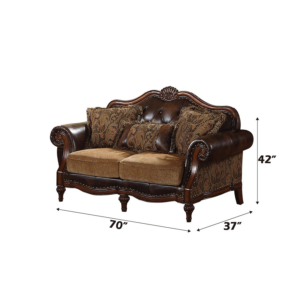 Dreena Traditional Bonded Leather and Chenille Loveseat - Ornate Home