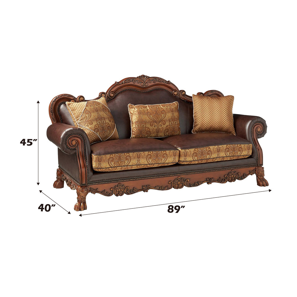 Dresden Brown PU & Chenille, Cherry Oak Sofa w/3 Pillows - Ornate Home