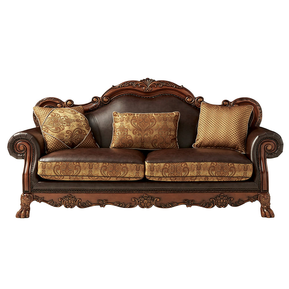 Dresden Brown PU & Chenille, Cherry Oak Sofa w/3 Pillows - Ornate Home