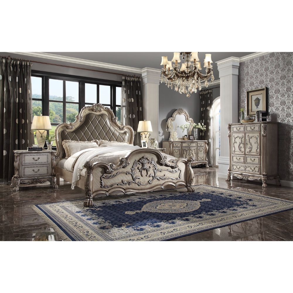 Dresden Vintage Bone White & PU Queen Bed - Ornate Home