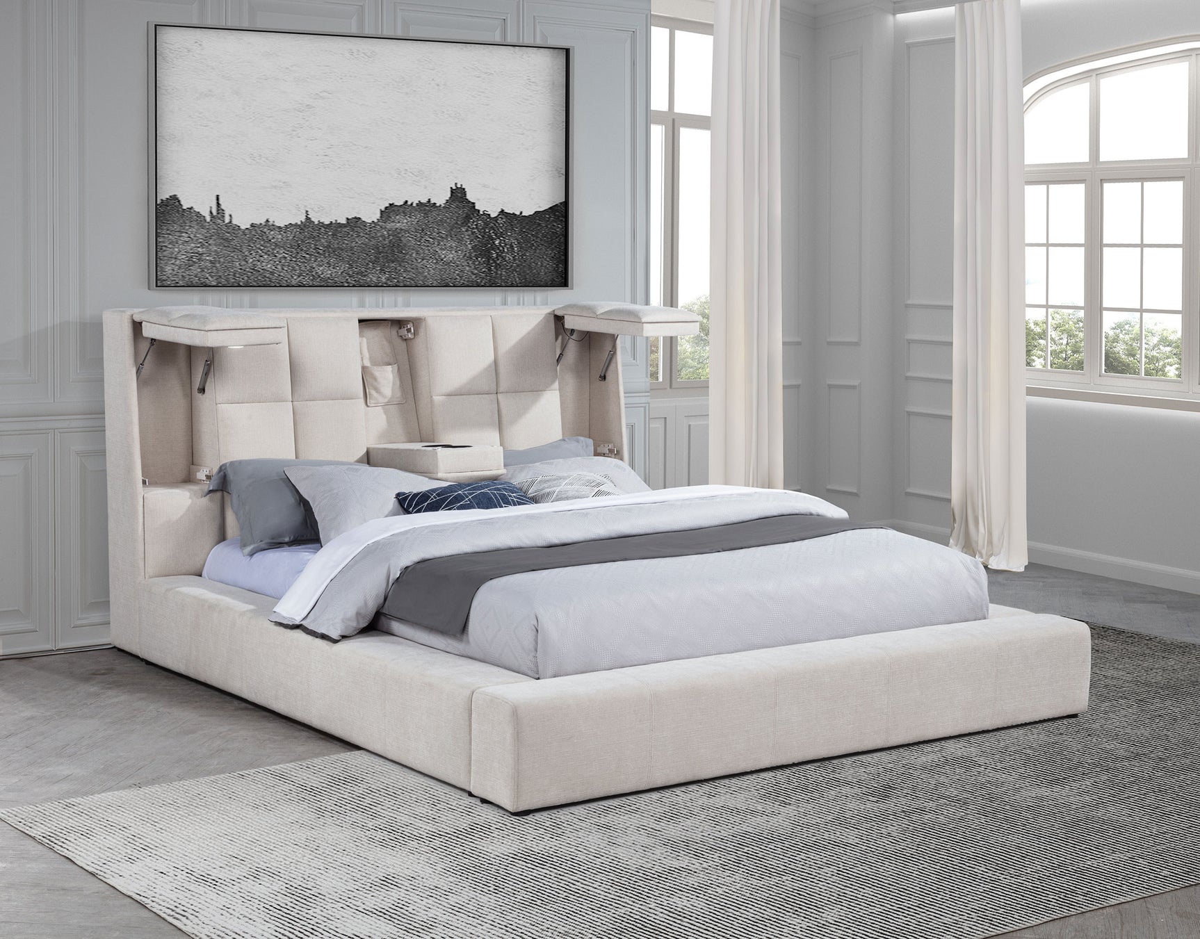 Dreux Cream Upholstered Queen Panel Platform Bed - Ornate Home