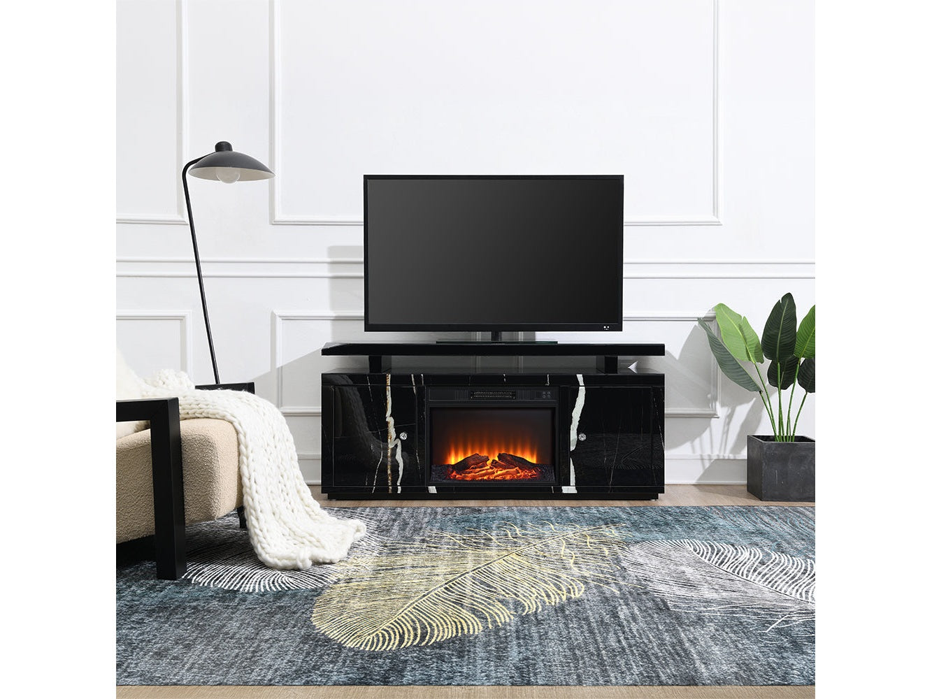 Drisana Black Mirrored Tv Stand W/Fireplace - Ornate Home