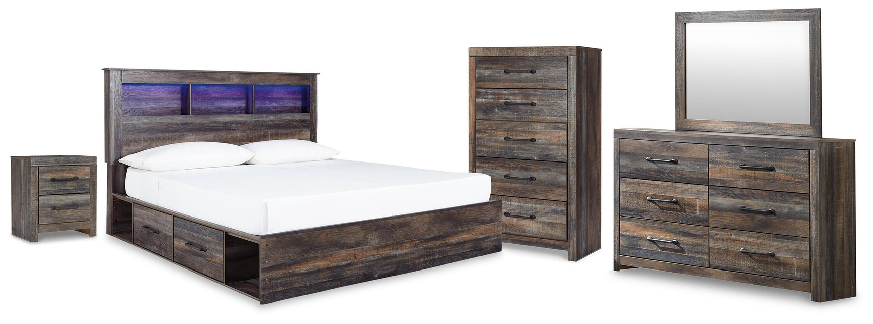 Drystan Brown/Multi King Bookcase Storage Bed, Dresser, Mirror, Chest and Nightstand - Ornate Home