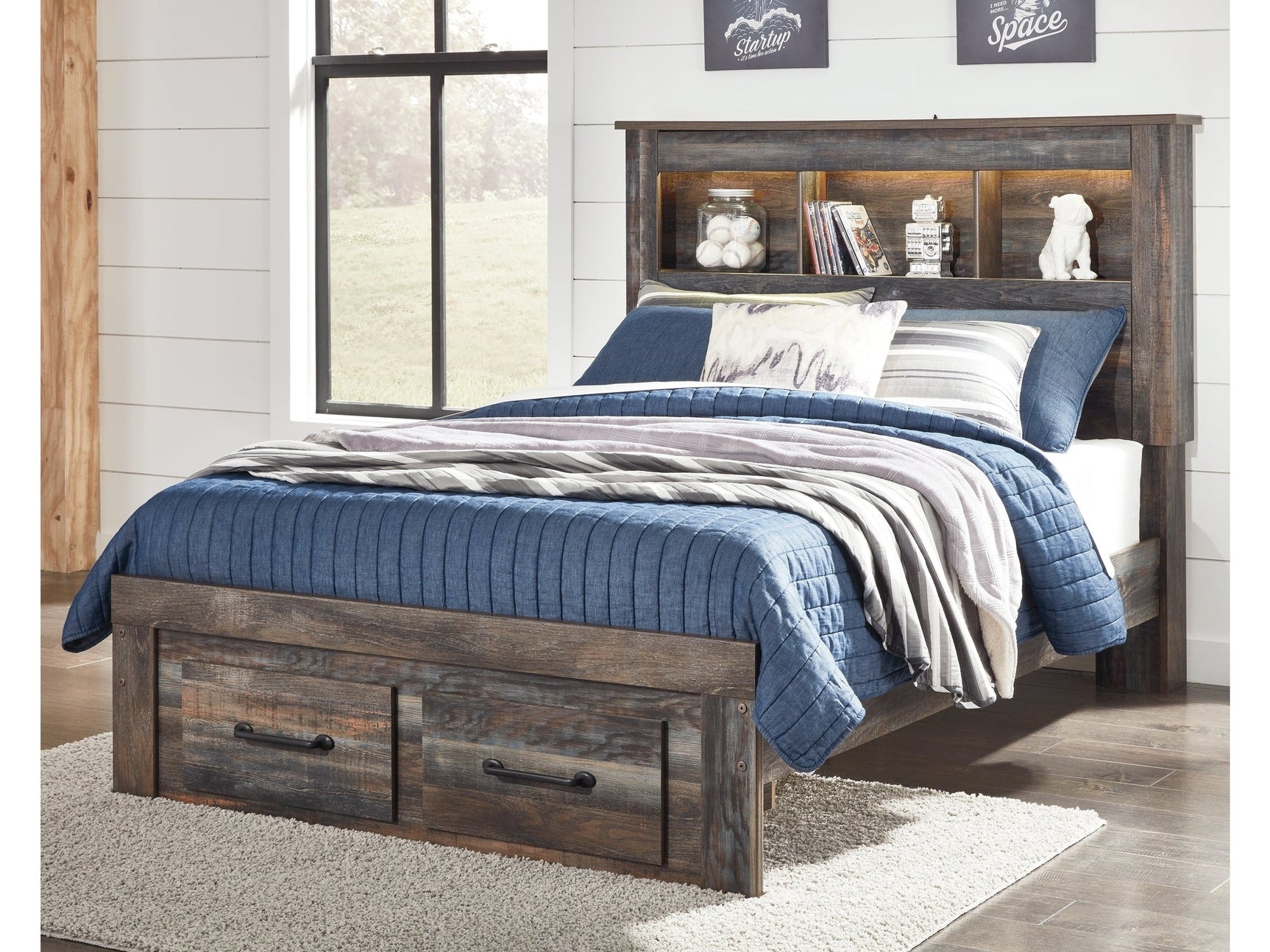 Drystan Multi Full Bookcase Bed with Footboard 2 Storage Drawers (Online Special Price) - Ornate Home