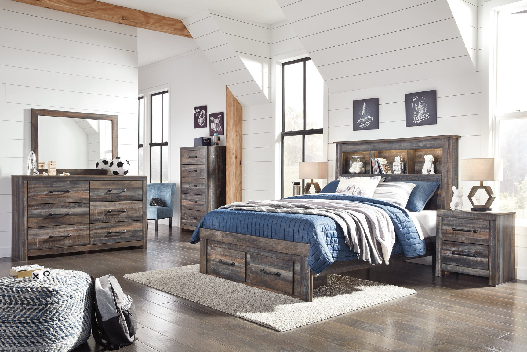 Drystan Multi Full Bookcase Bed with Footboard 2 Storage Drawers (Online Special Price) - Ornate Home